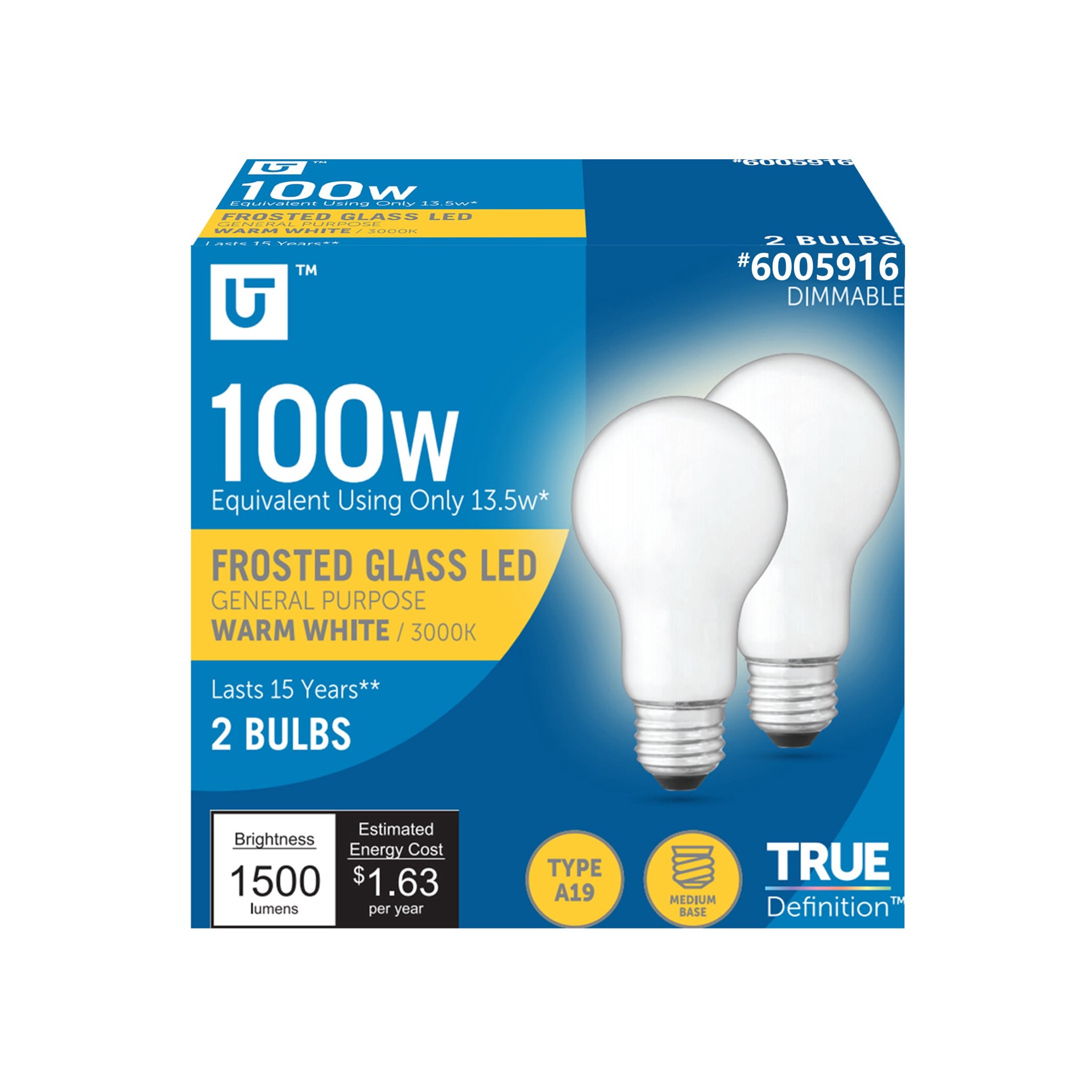 slide 1 of 6, Utilitech 100 -Watt EQ A19 Warm white Medium base (E-26) Dimmable LED General purpose Light Bulb 2 -Pack, 1 ct