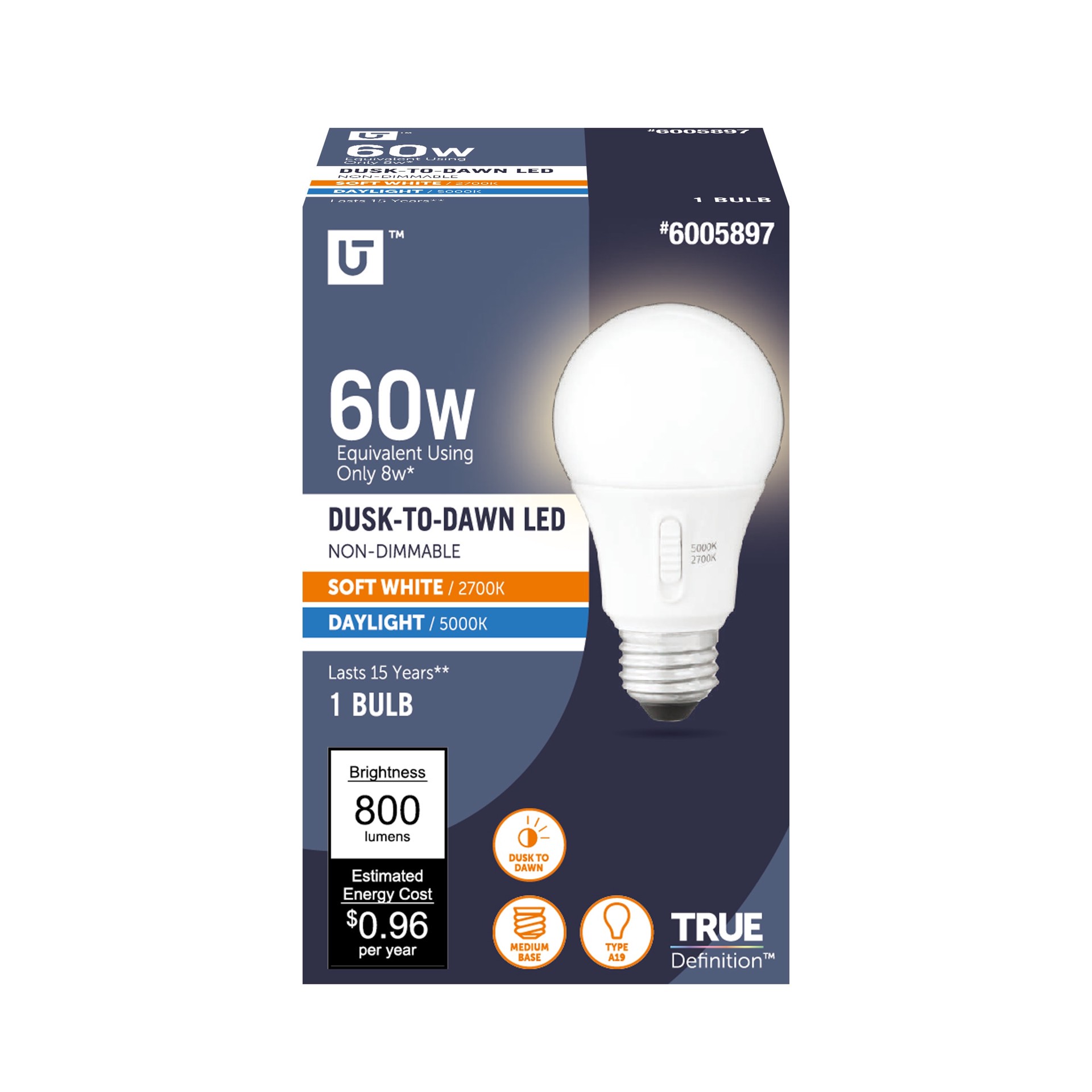 slide 1 of 6, Utilitech Dusk-to-Dawn 60 -Watt EQ A19 Soft white Medium base (E-26) LED General purpose Light Bulb, 1 ct