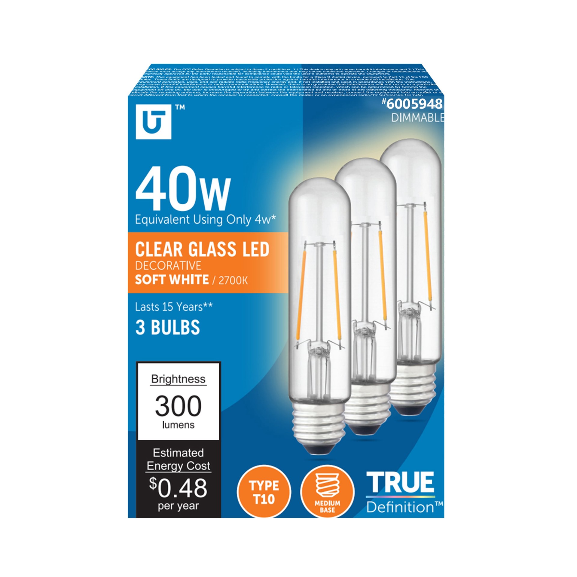 slide 1 of 6, Utilitech Clear Glass 40 -Watt EQ T10 Soft white Medium base (E-26) Dimmable LED General purpose Light Bulb 3 -Pack, 1 ct