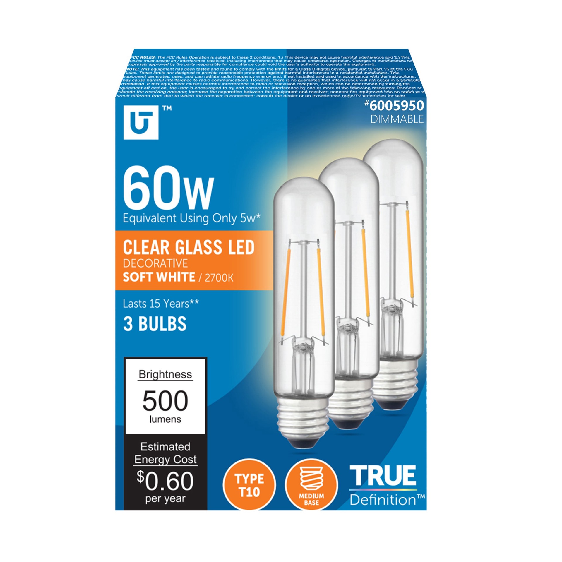 slide 1 of 6, Utilitech 60 -Watt EQ T10 Soft white Medium base (E-26) Dimmable LED General purpose Light Bulb 3 -Pack, 1 ct