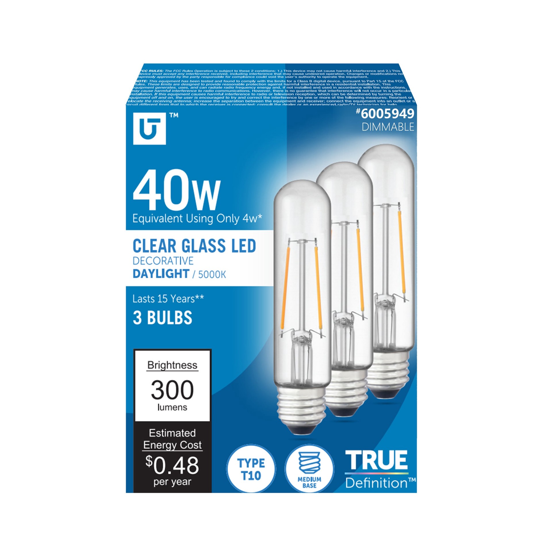 slide 1 of 6, Utilitech Clear Glass 40 -Watt EQ T10 Daylight Medium base (E-26) Dimmable LED General purpose Light Bulb 3 -Pack, 1 ct