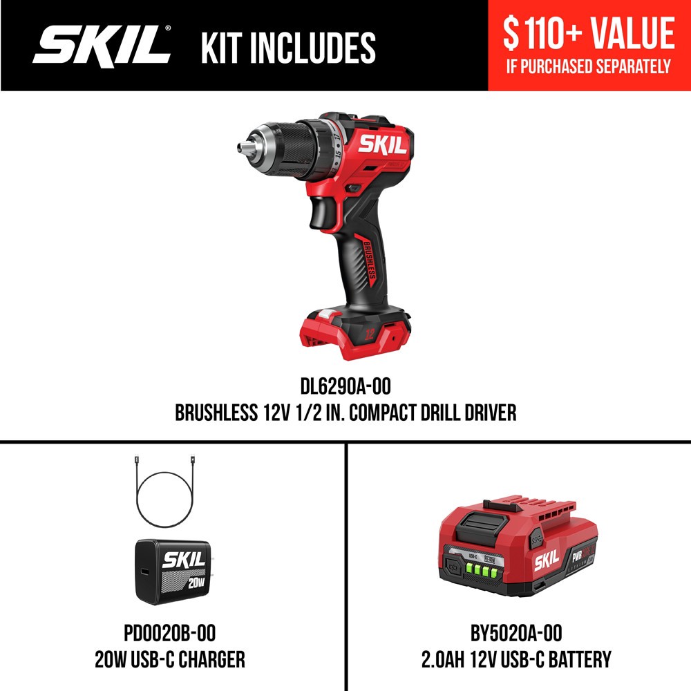 slide 3 of 6, SKIL PWR CORE 12 PWR CORE 12-volt 1/2-in Keyless Brushless Cordless Drill ( 1 -Batteries Included, and Charger Included ), 1 ct