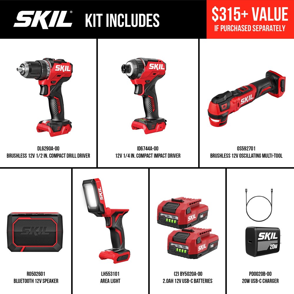slide 2 of 6, SKIL PWR CORE 12-volt 5-Tool Brushless Power Tool Combo Kit (2-Batteries and Charger Included), 1 ct