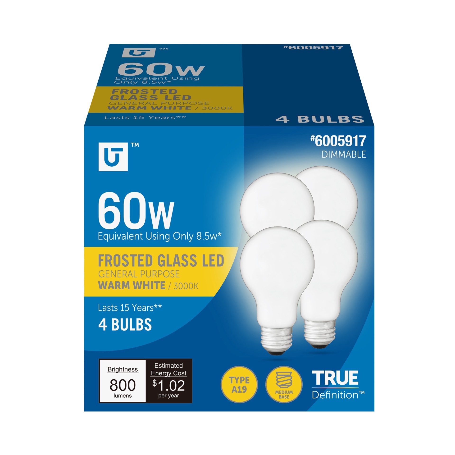 slide 1 of 6, Utilitech 60 -Watt EQ A19 Warm white Medium base (E-26) Dimmable LED General purpose Light Bulb 4 -Pack, 1 ct