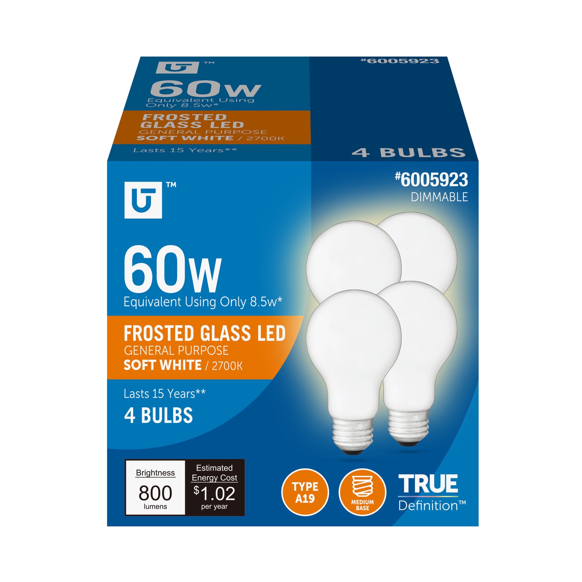slide 1 of 6, Utilitech Led light bulb 60 -Watt EQ A19 Soft white Medium base (E-26) Dimmable LED General purpose Light Bulb 4 -Pack, 1 ct