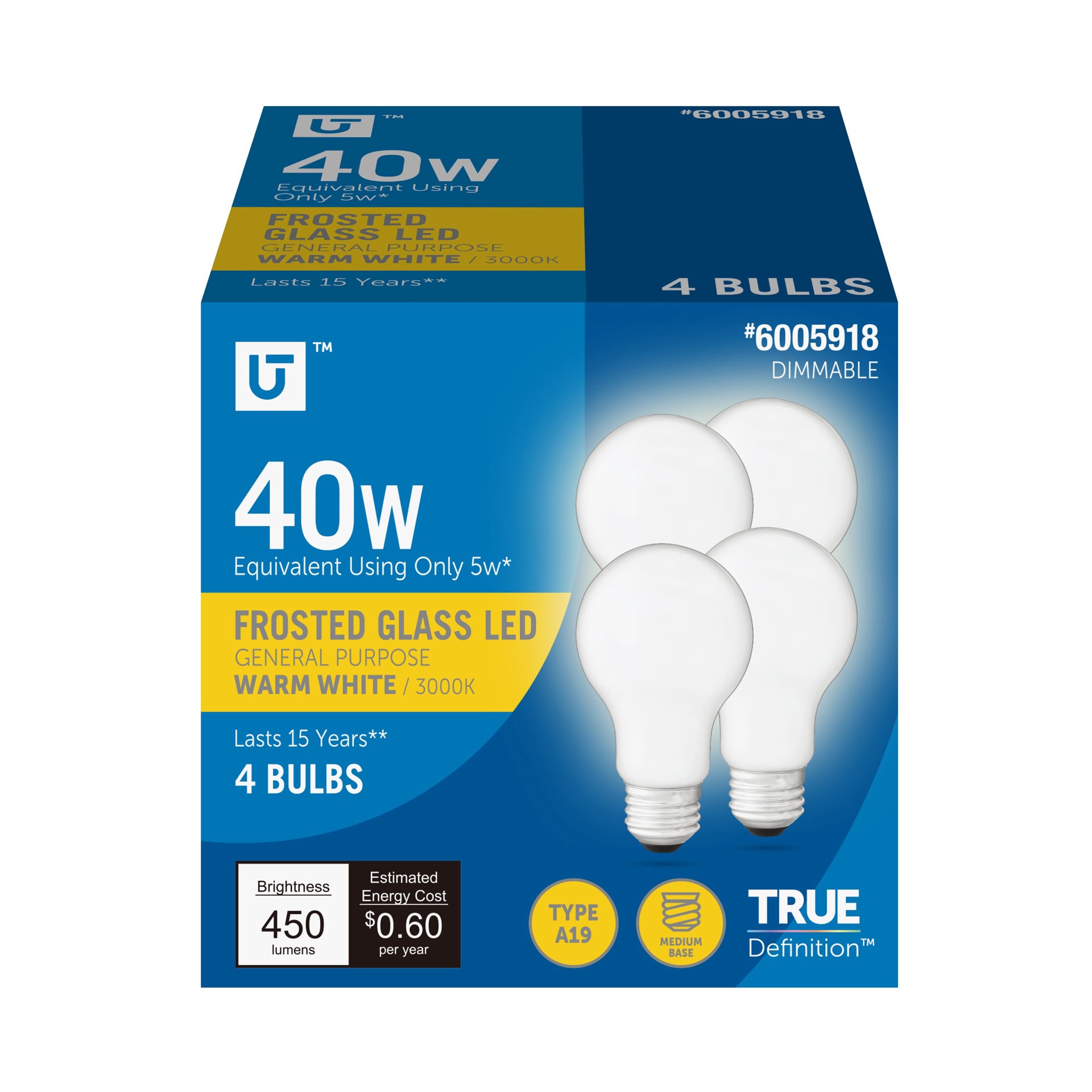 slide 1 of 6, Utilitech 40 -Watt EQ A19 Warm white Medium base (E-26) Dimmable LED General purpose Light Bulb 4 -Pack, 1 ct