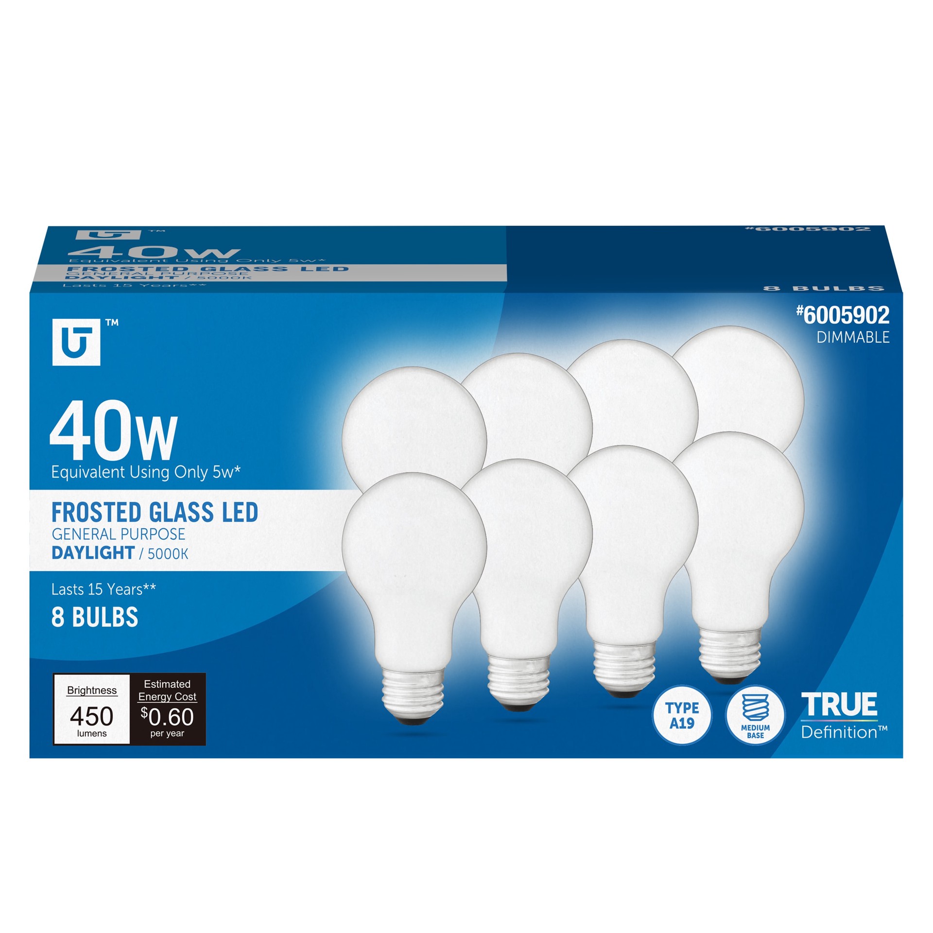 slide 1 of 6, Utilitech 40 -Watt EQ A19 Daylight Medium base (E-26) Dimmable LED General purpose Light Bulb 8 -Pack, 1 ct