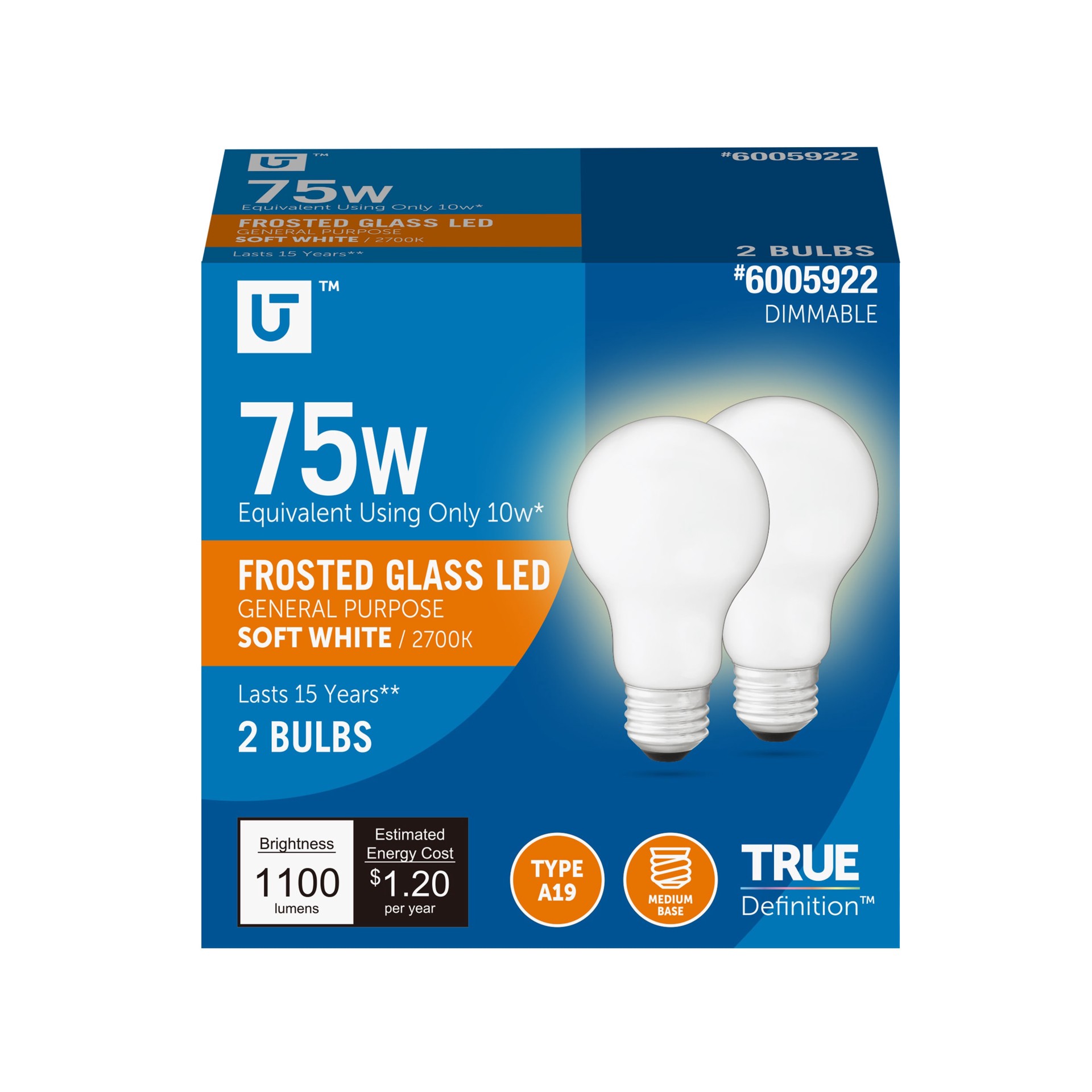 slide 1 of 6, Utilitech Led light bulb 75 -Watt EQ A19 Soft white Medium base (E-26) Dimmable LED General purpose Light Bulb 2 -Pack, 1 ct