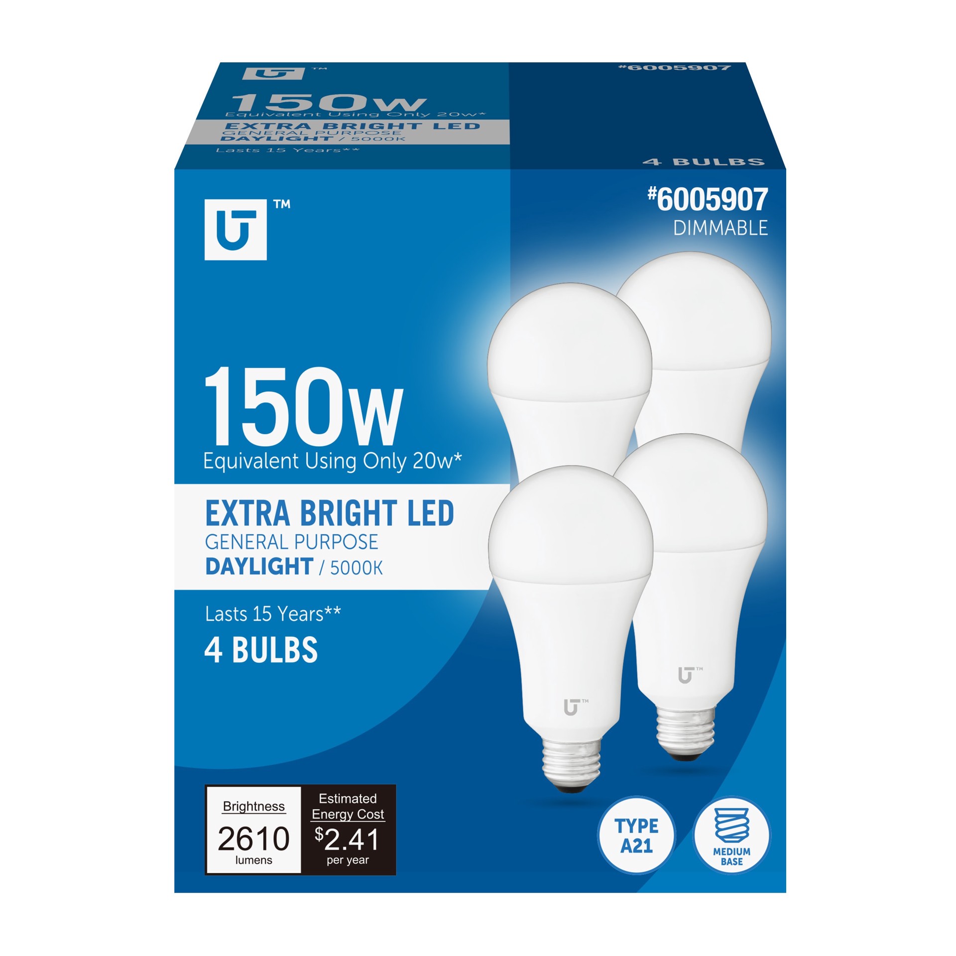 slide 1 of 6, Utilitech 150 -Watt EQ A21 Daylight Medium base (E-26) Dimmable LED General purpose Light Bulb 4 -Pack, 1 ct