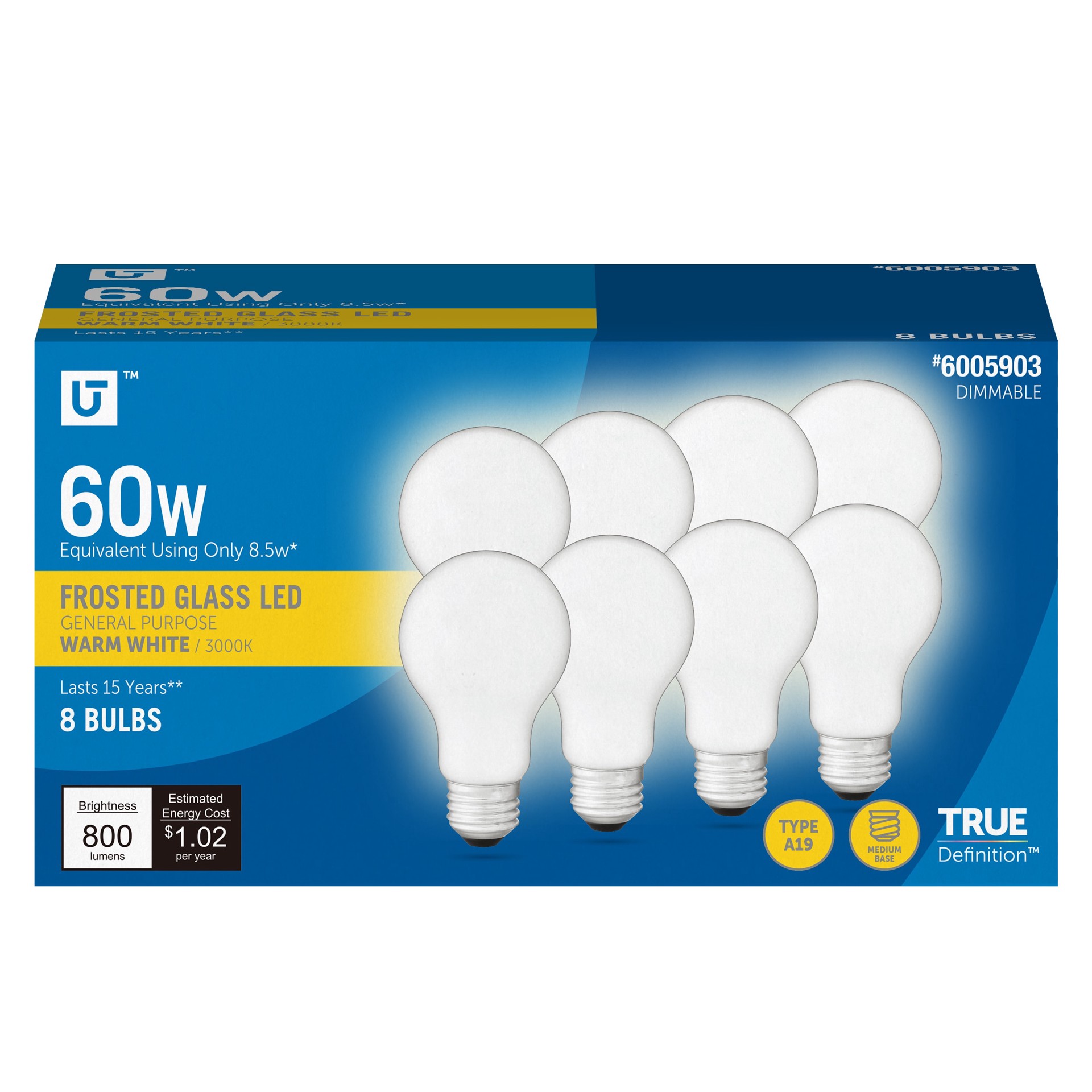 slide 1 of 6, Utilitech 60 -Watt EQ A19 Warm white Medium base (E-26) Dimmable LED General purpose Light Bulb 8 -Pack, 1 ct