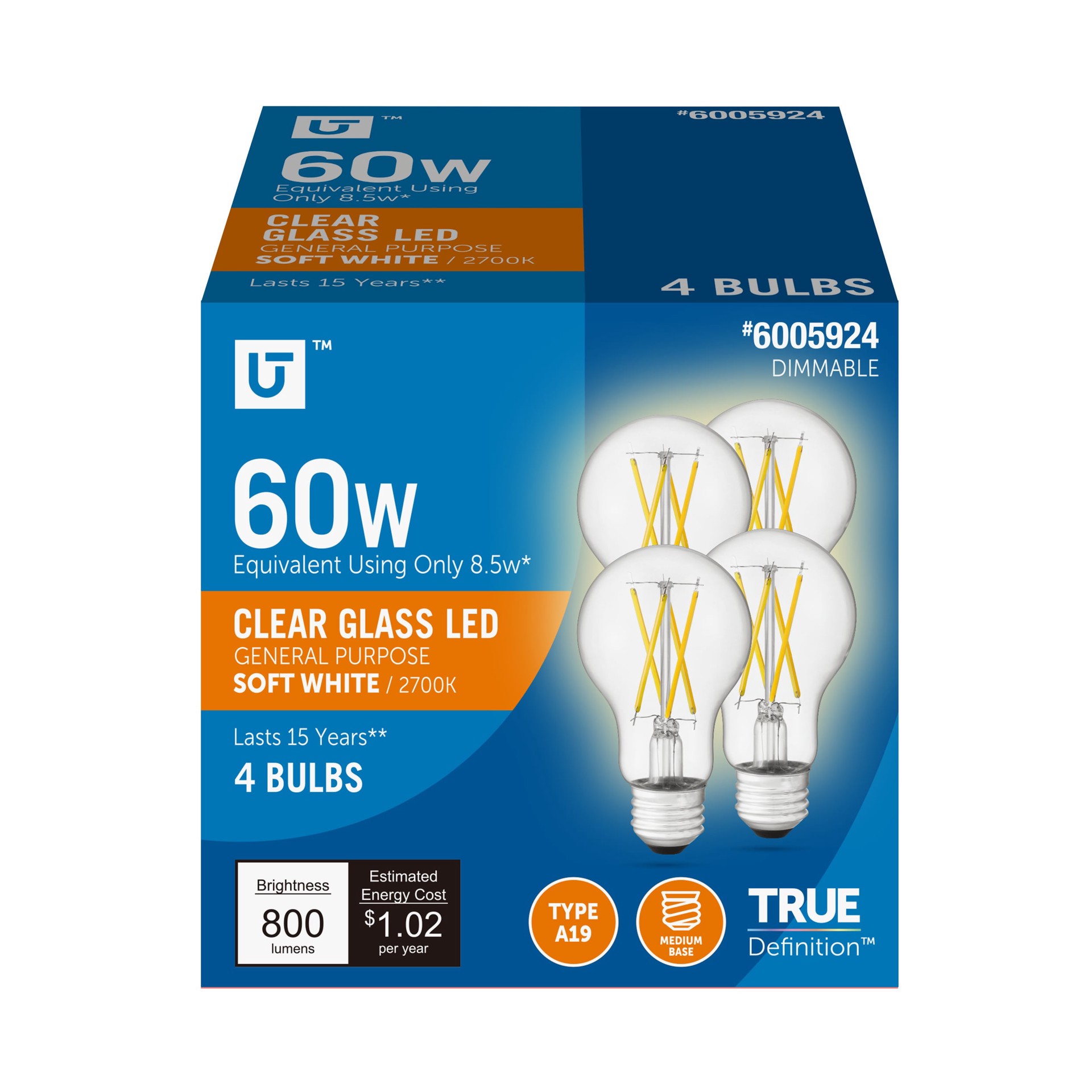 slide 1 of 6, Utilitech 60 -Watt EQ A19 Soft white E26 Dimmable LED General purpose Light Bulb 4 -Pack, 1 ct