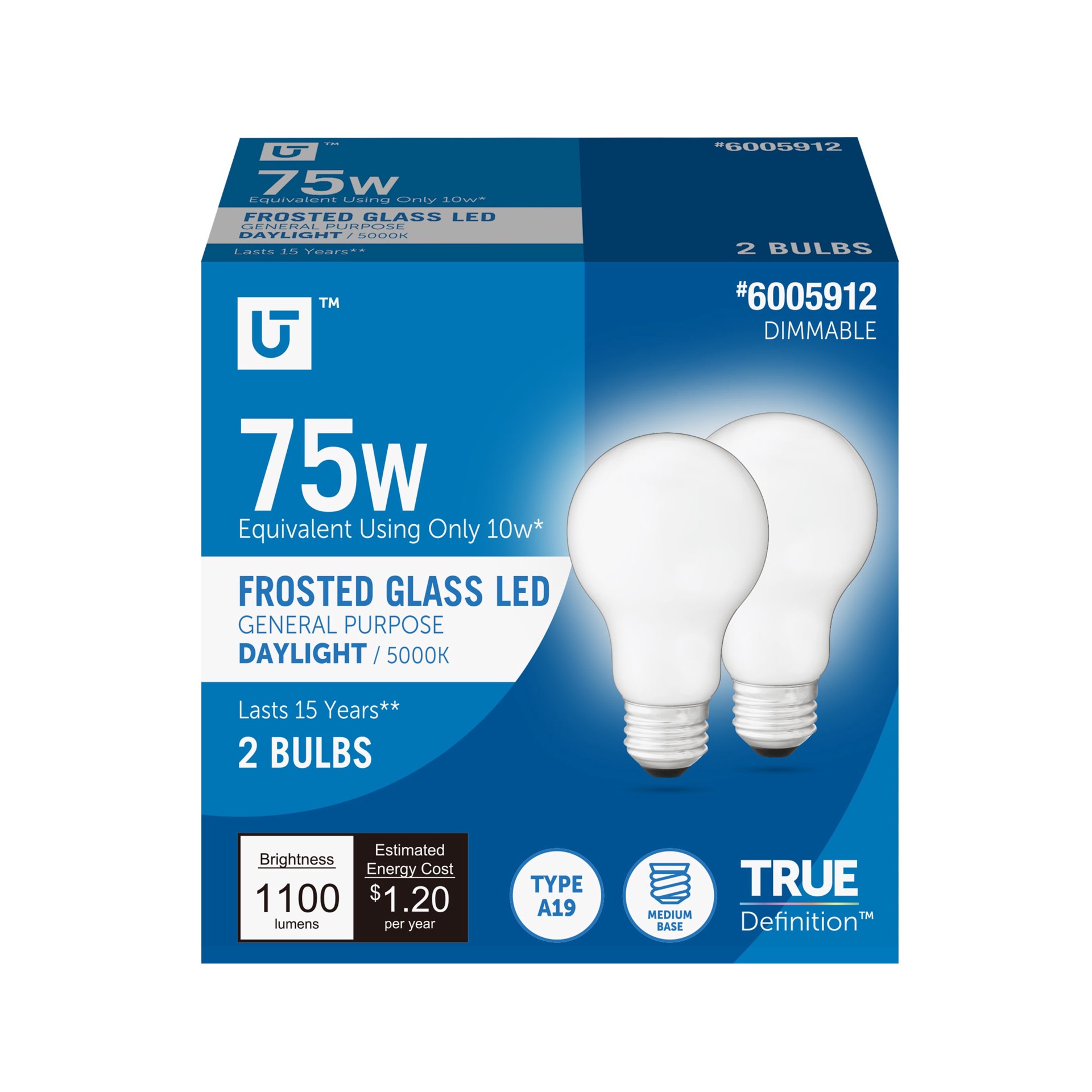 slide 1 of 6, Utilitech 75 -Watt EQ A19 Daylight Medium base (E-26) Dimmable LED General purpose Light Bulb 2 -Pack, 1 ct