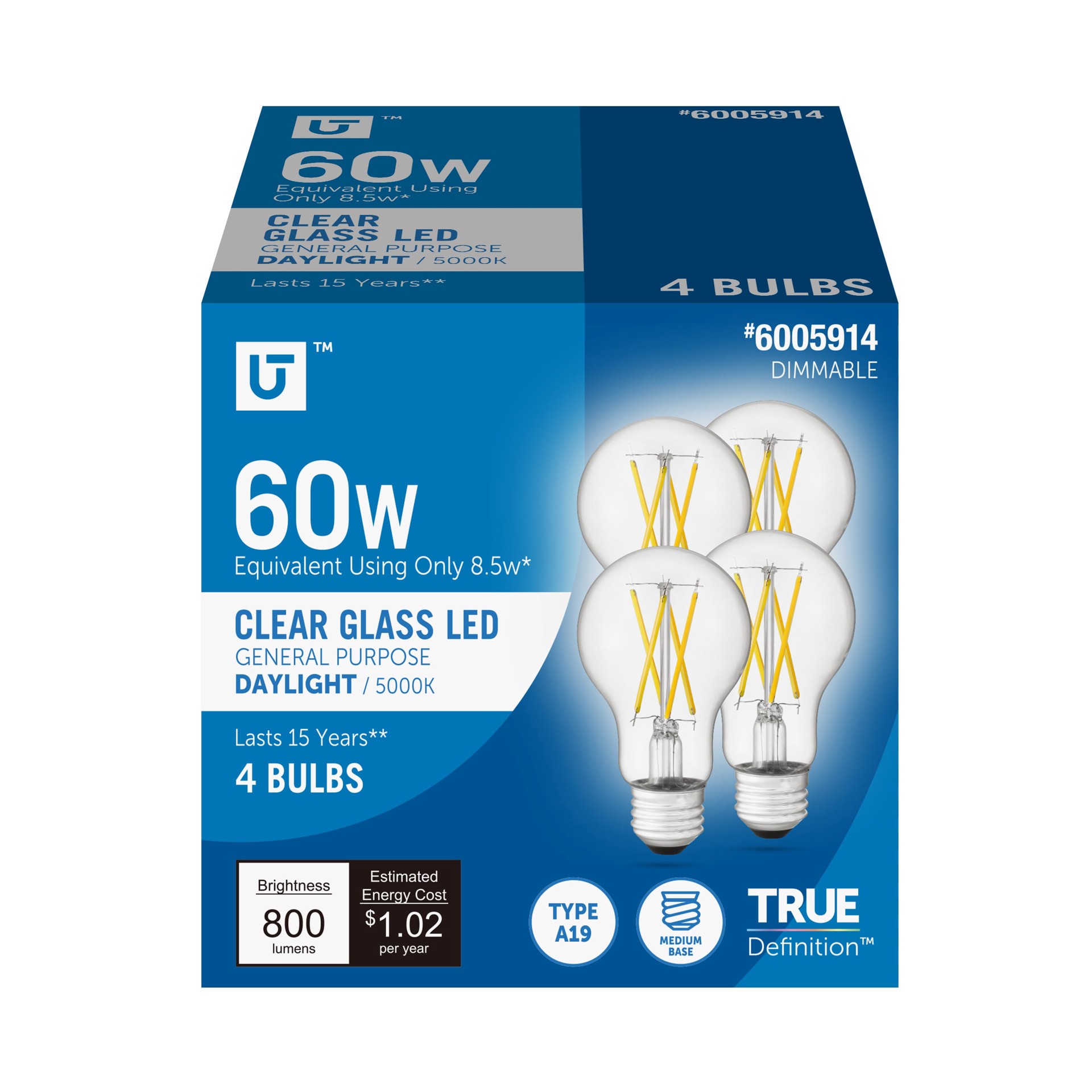 slide 1 of 6, Utilitech 60 -Watt EQ A19 Daylight Medium base (E-26) Dimmable LED General purpose Light Bulb 4 -Pack, 1 ct