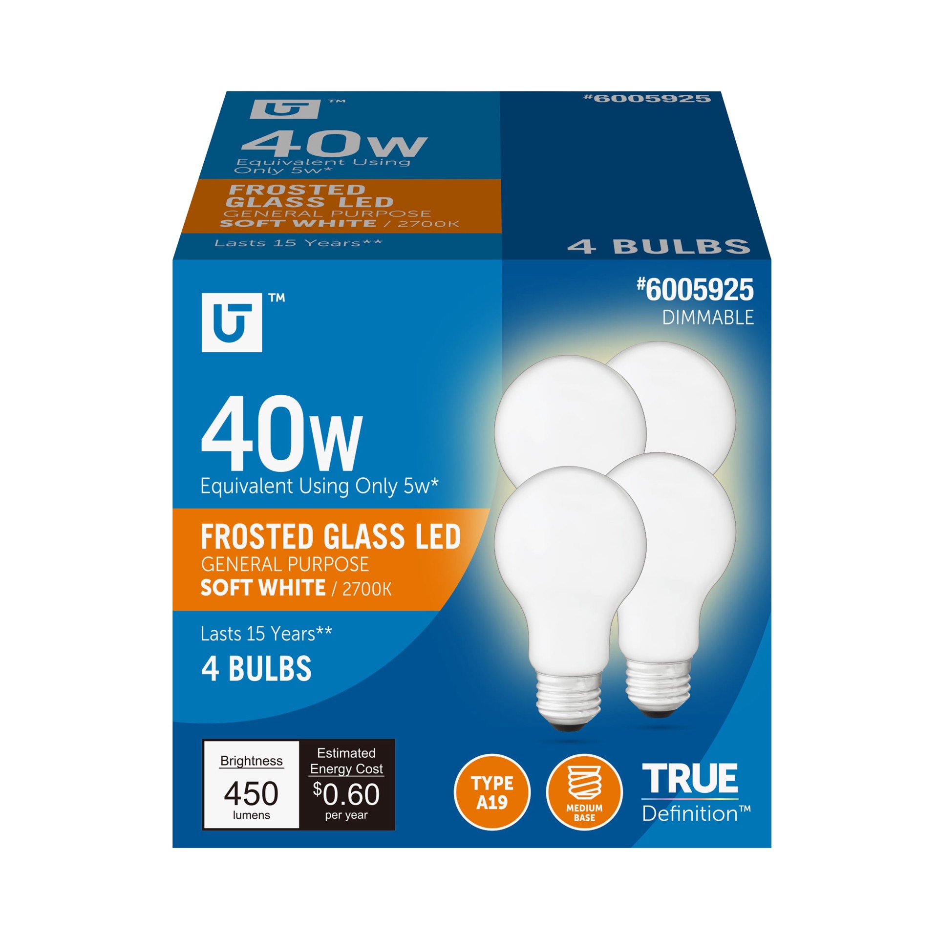 slide 1 of 6, Utilitech Led light bulb 40 -Watt EQ A19 Soft white Medium base (E-26) Dimmable LED General purpose Light Bulb 4 -Pack, 1 ct