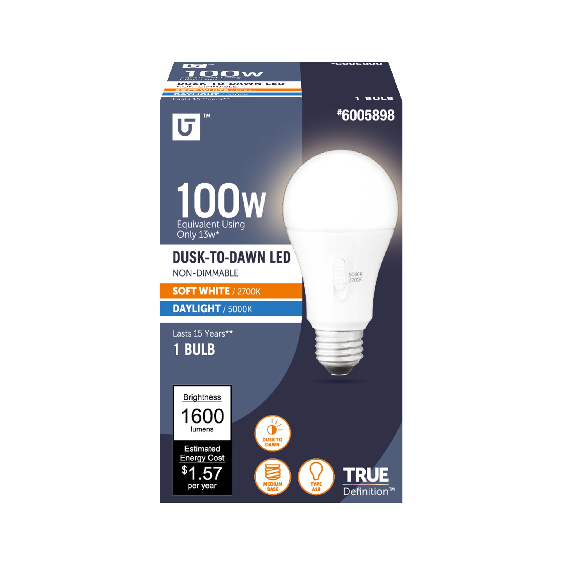slide 1 of 6, Utilitech Dusk-to-Dawn 100 -Watt EQ A19 Soft white Medium base (E-26) LED General purpose Light Bulb, 1 ct