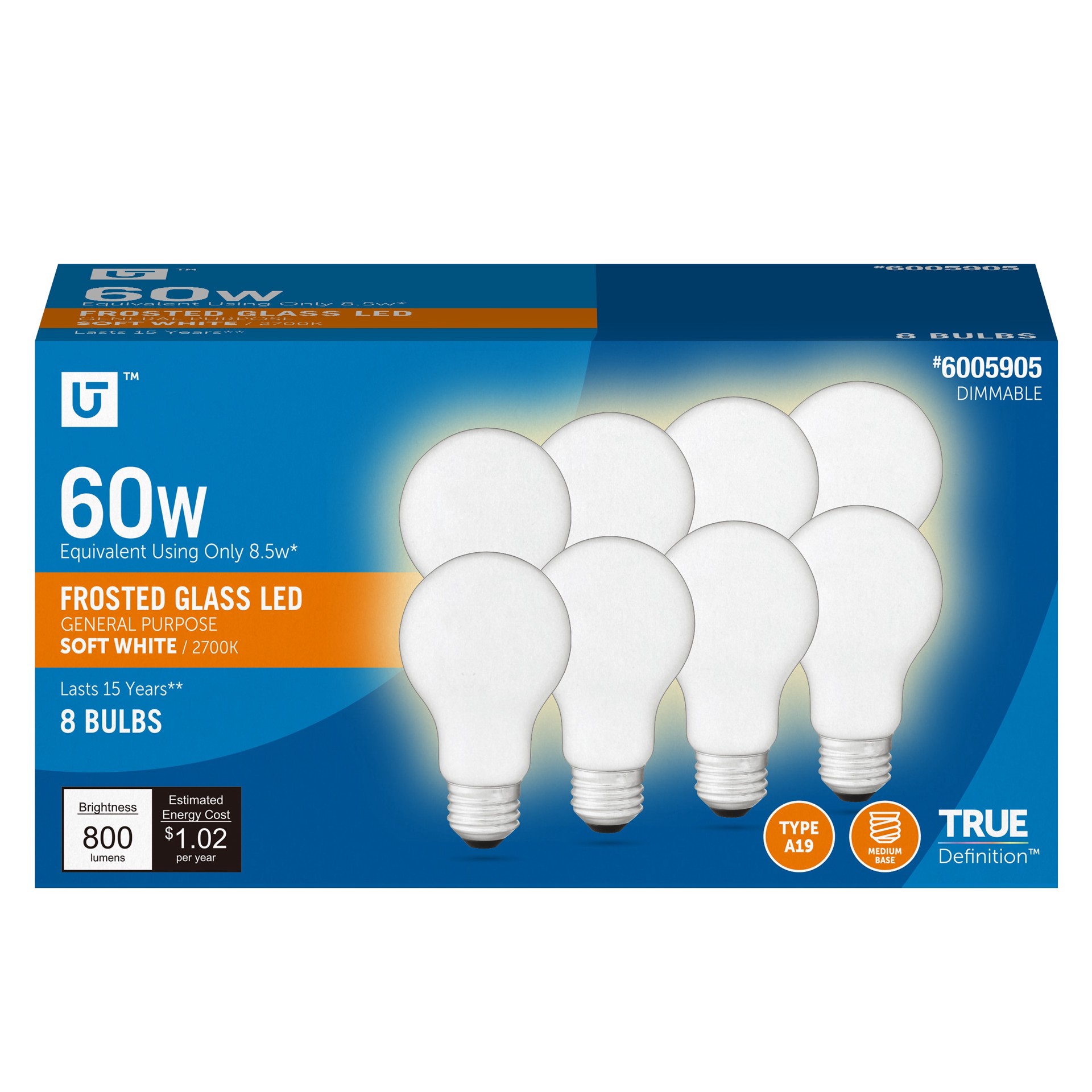 slide 1 of 6, Utilitech 60 -Watt EQ A19 Soft white Medium base (E-26) Dimmable LED General purpose Light Bulb 8 -Pack, 1 ct