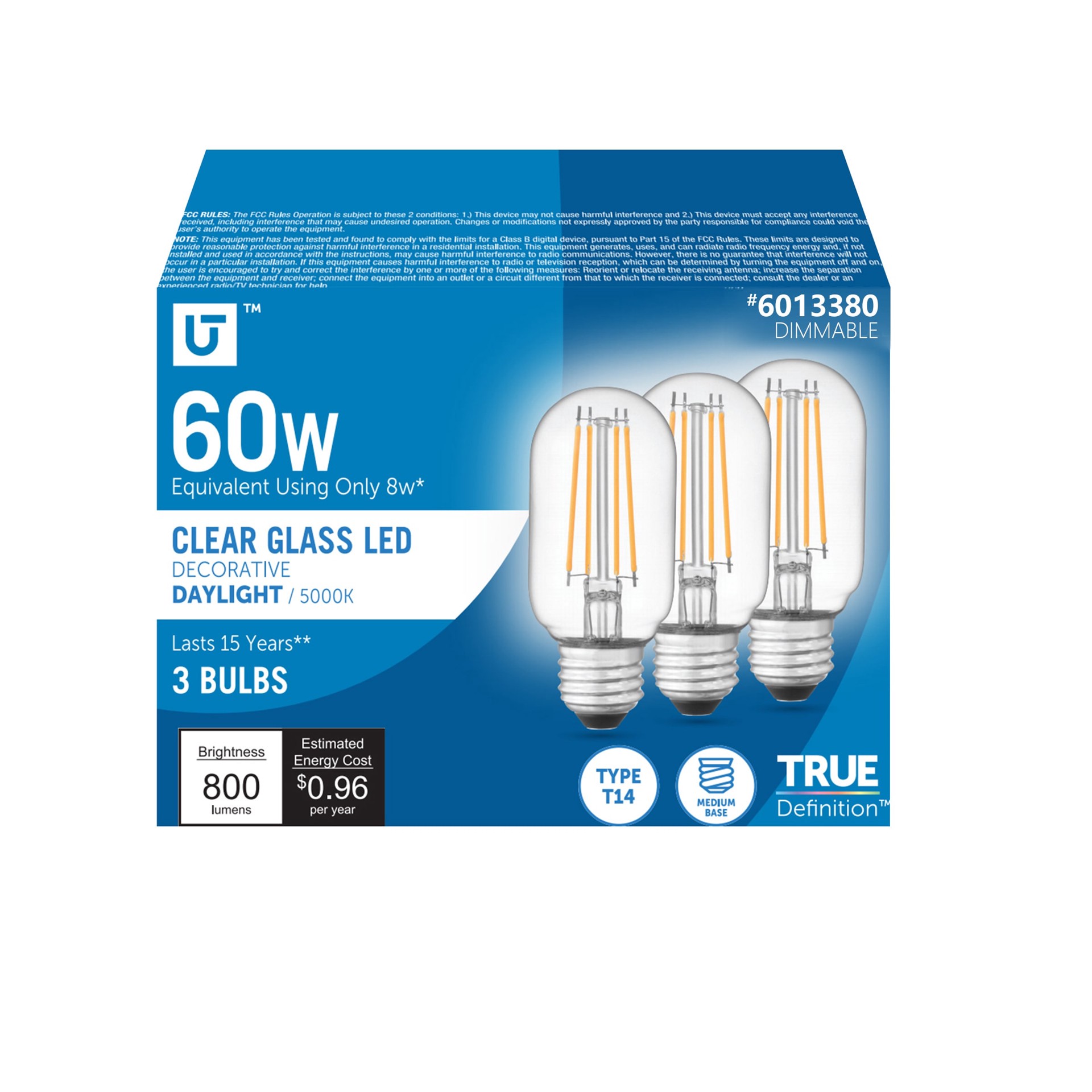 slide 1 of 6, Utilitech 60 -Watt EQ T14 Daylight Medium base (E-26) Dimmable LED General purpose Light Bulb 3 -Pack, 1 ct