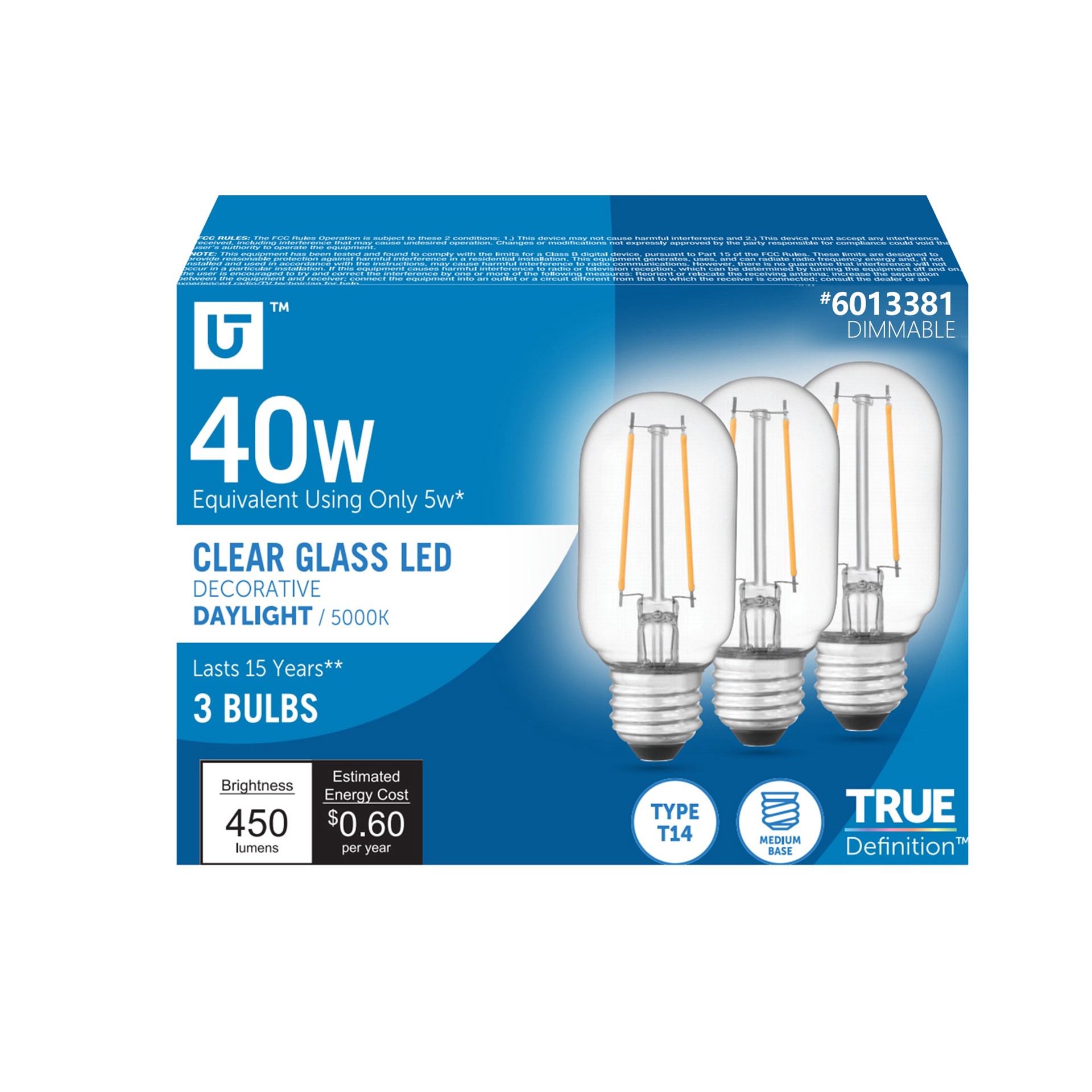 slide 1 of 6, Utilitech 40 -Watt EQ T14 Daylight Medium base (E-26) Dimmable LED General purpose Light Bulb 3 -Pack, 1 ct