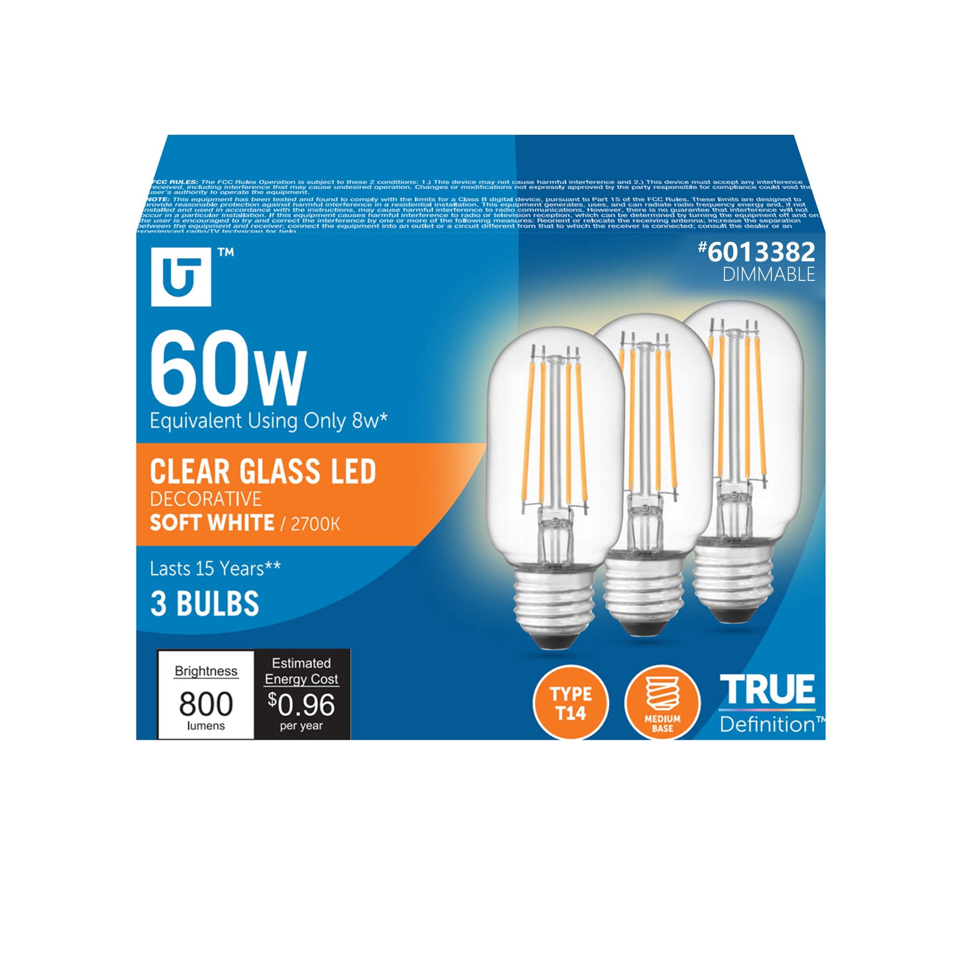 slide 1 of 6, Utilitech 60 -Watt EQ T14 Soft white Medium base (E-26) Dimmable LED General purpose Light Bulb 3 -Pack, 1 ct