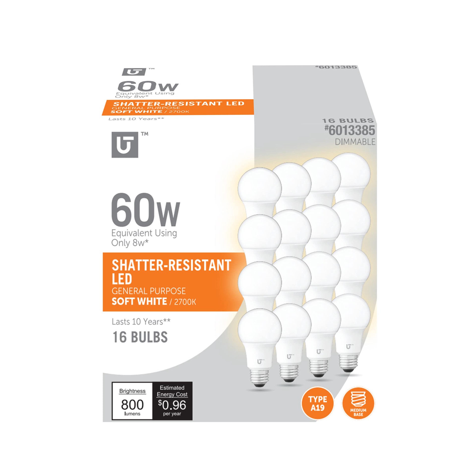 slide 1 of 6, Utilitech 60 -Watt EQ A19 Soft white Medium base (E-26) Dimmable LED General purpose Light Bulb 16 -Pack, 1 ct