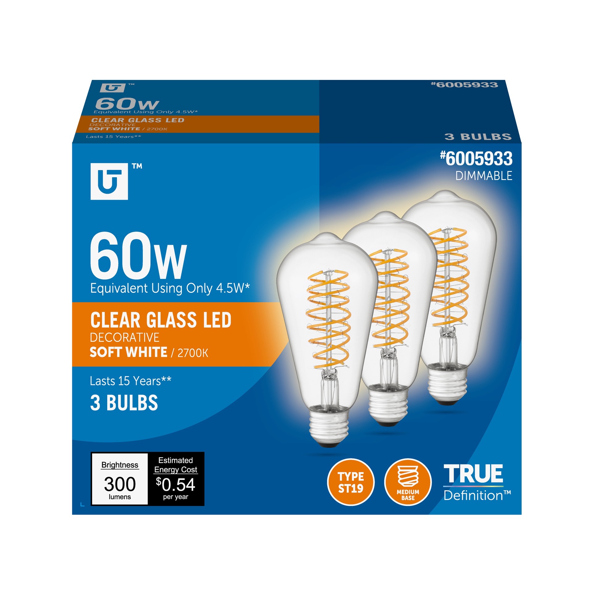 slide 1 of 6, Utilitech Double-Spiral Filament 60 -Watt EQ ST19 Soft white Medium base (E-26) Dimmable LED General purpose Light Bulb 3 -Pack, 1 ct