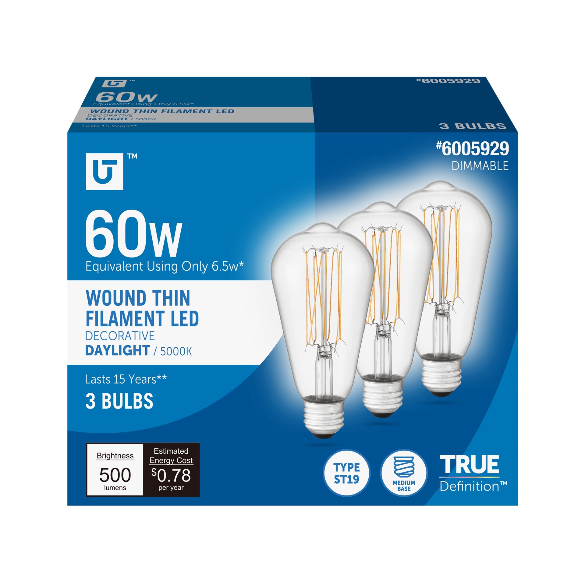 slide 1 of 6, Utilitech Wound-Thin Filament 60 -Watt EQ ST19 Daylight Medium base (E-26) Dimmable LED General purpose Light Bulb 3 -Pack, 1 ct
