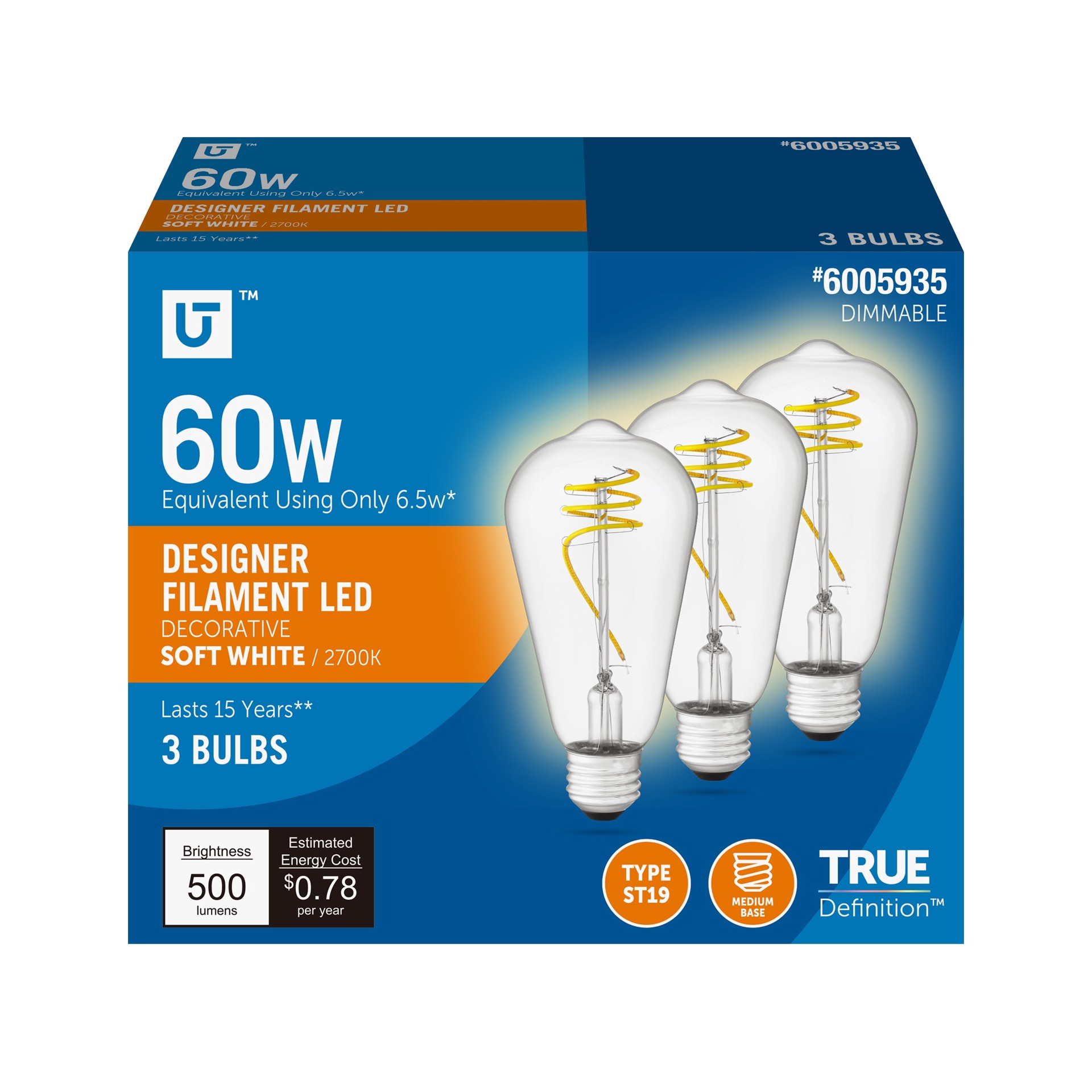 slide 1 of 6, Utilitech Designer Filament 60 -Watt EQ ST19 Soft white Medium base (E-26) Dimmable LED General purpose Light Bulb 3 -Pack, 1 ct