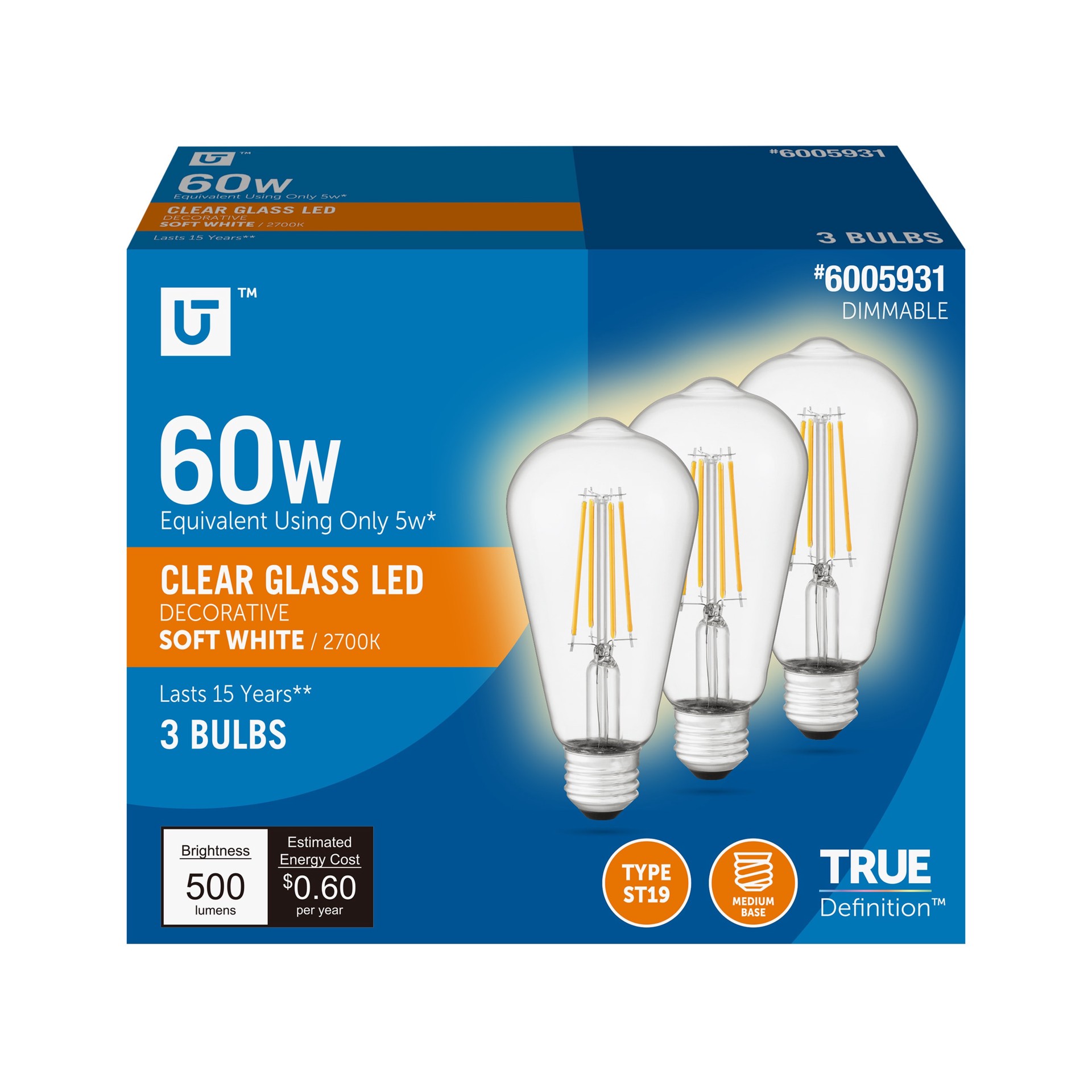 slide 1 of 6, Utilitech Straight Filament 60 -Watt EQ ST19 Soft white Medium base (E-26) Dimmable LED General purpose Light Bulb 3 -Pack, 1 ct