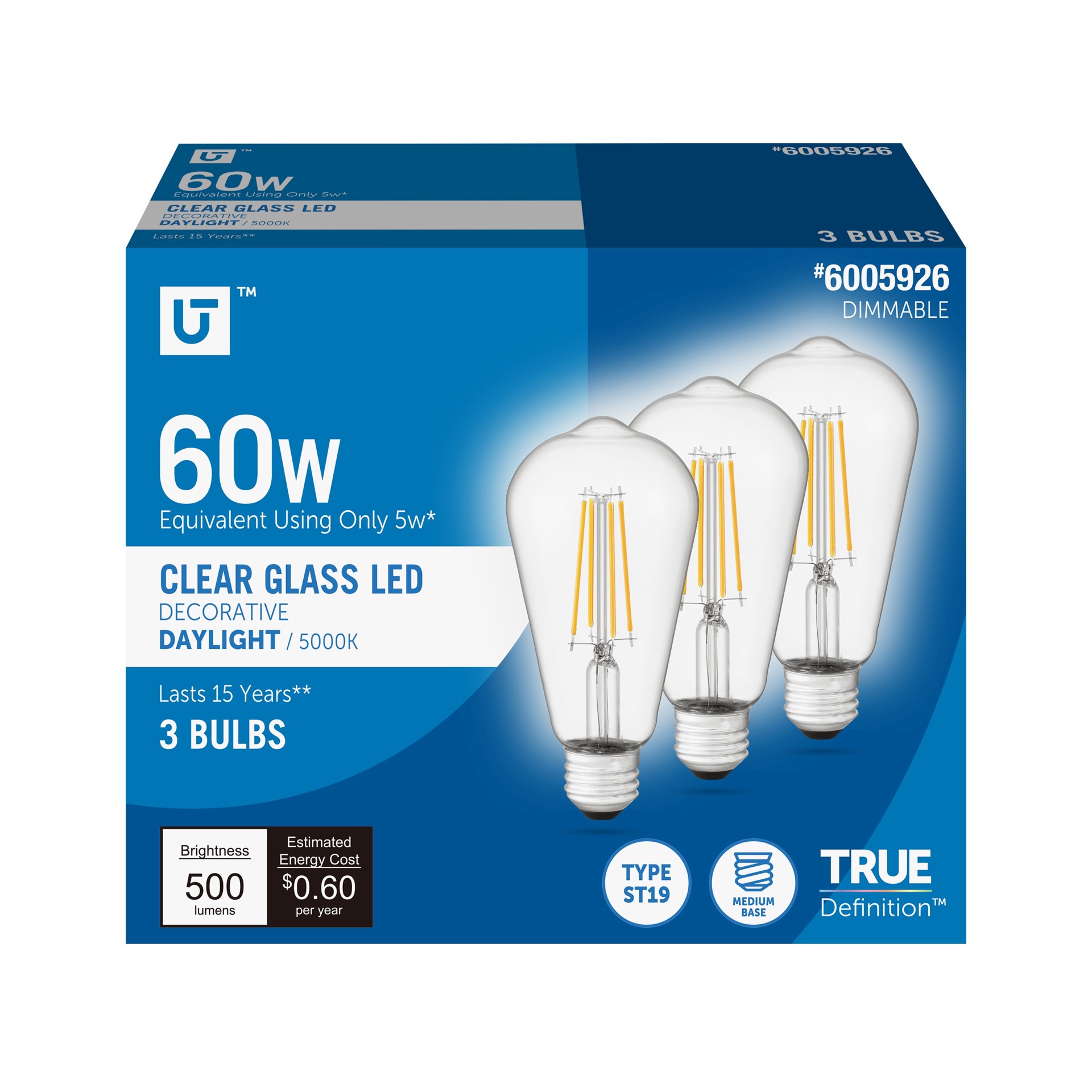 slide 1 of 6, Utilitech Straight Filament 60 -Watt EQ ST19 Daylight Medium base (E-26) Dimmable LED General purpose Light Bulb 3 -Pack, 1 ct