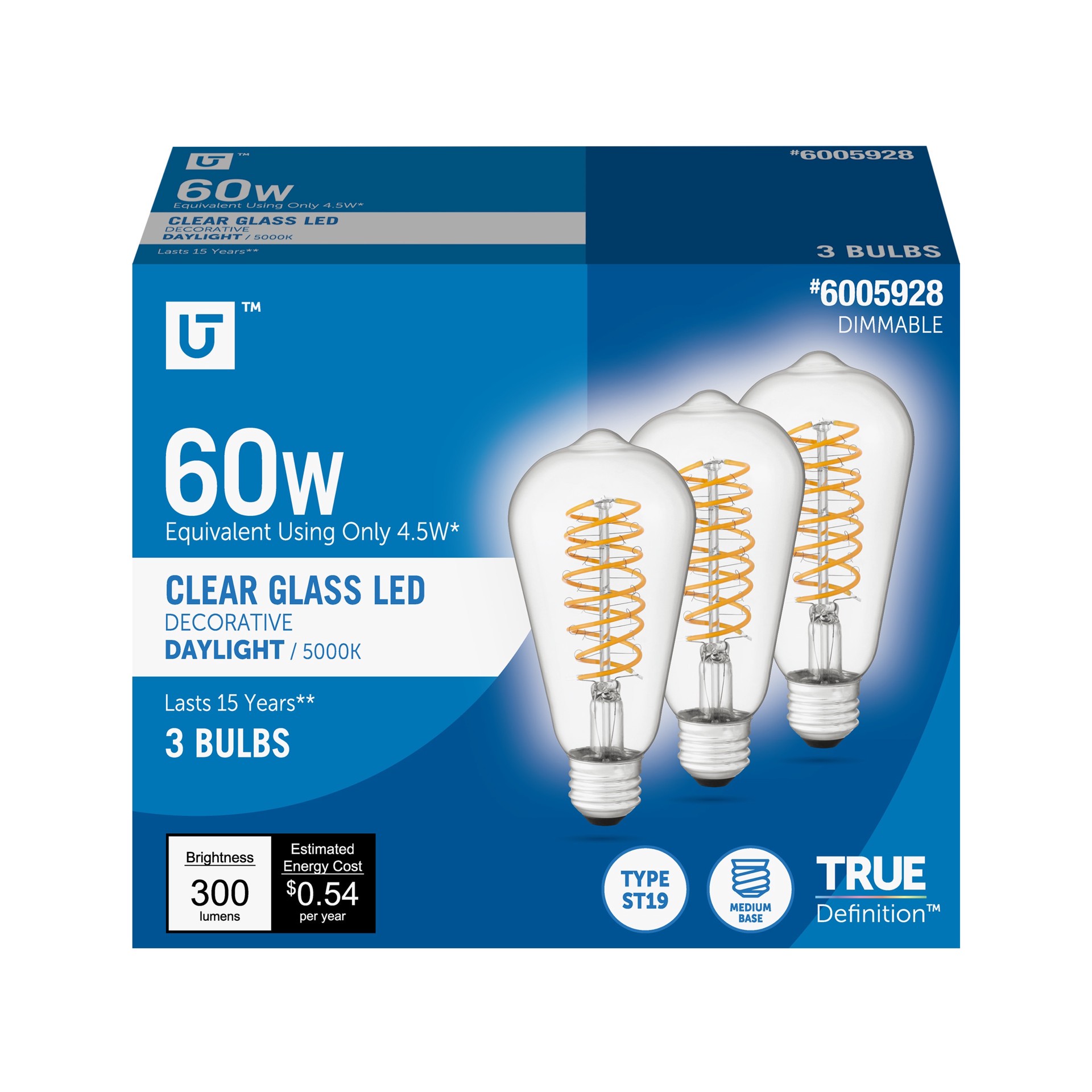 slide 1 of 6, Utilitech Double-Spiral Filament 60 -Watt EQ ST19 Daylight Medium base (E-26) Dimmable LED General purpose Light Bulb 3 -Pack, 1 ct