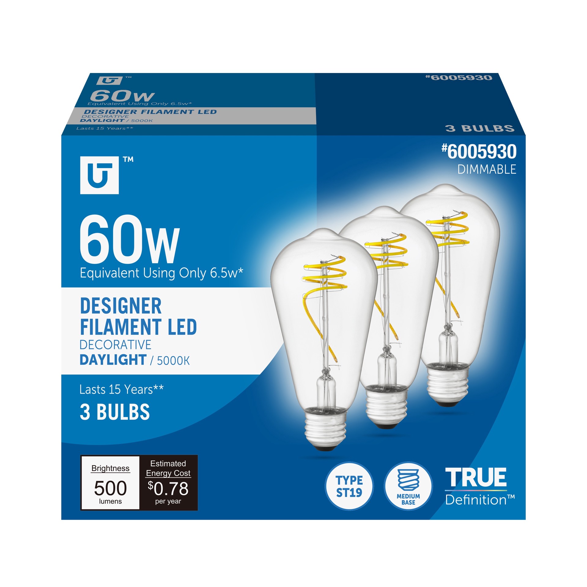 slide 1 of 6, Utilitech Designer Filament 60 -Watt EQ ST19 Daylight Medium base (E-26) Dimmable LED General purpose Light Bulb 3 -Pack, 1 ct