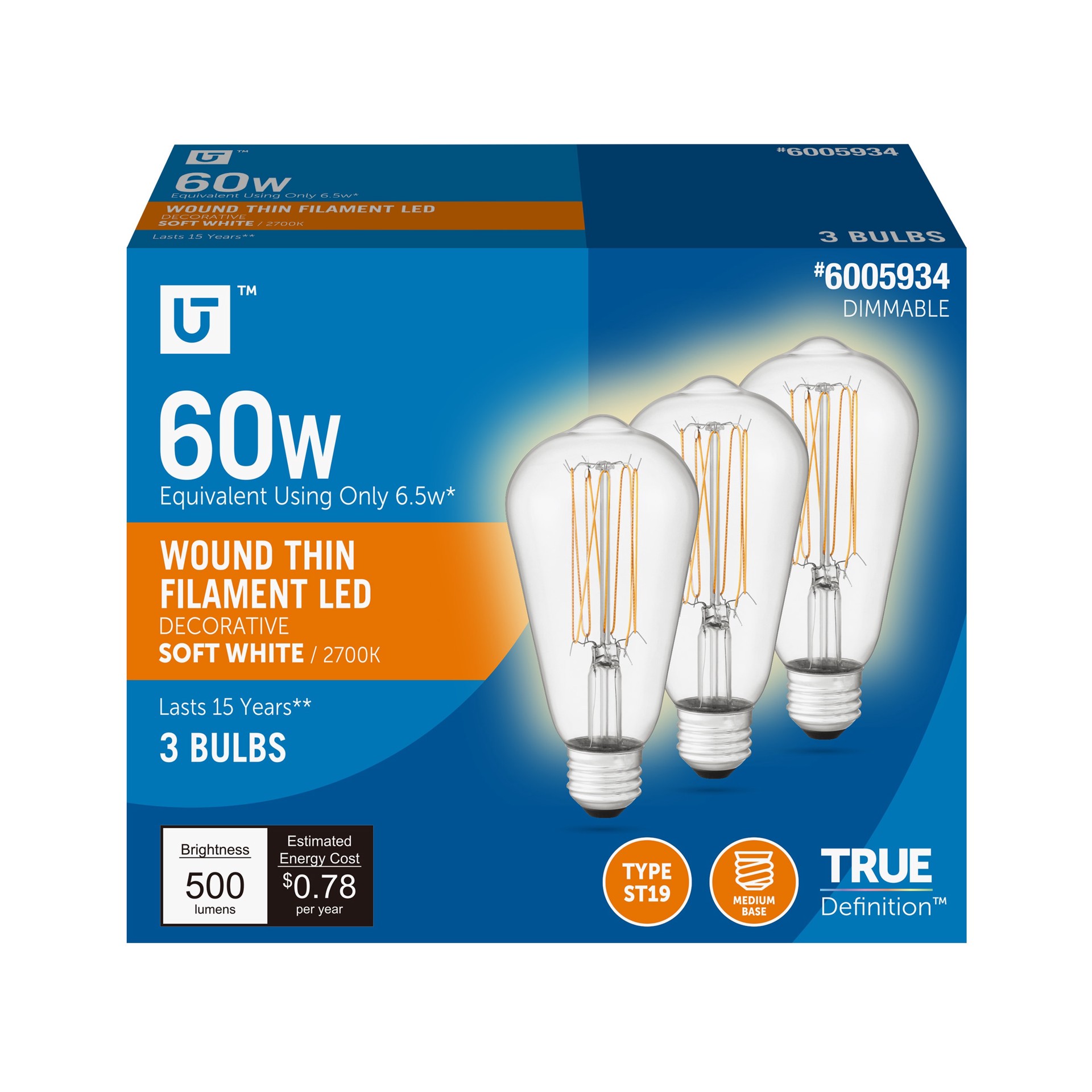 slide 1 of 6, Utilitech Wound-Thin Filament 60 -Watt EQ ST19 Soft white Medium base (E-26) Dimmable LED General purpose Light Bulb 3 -Pack, 1 ct