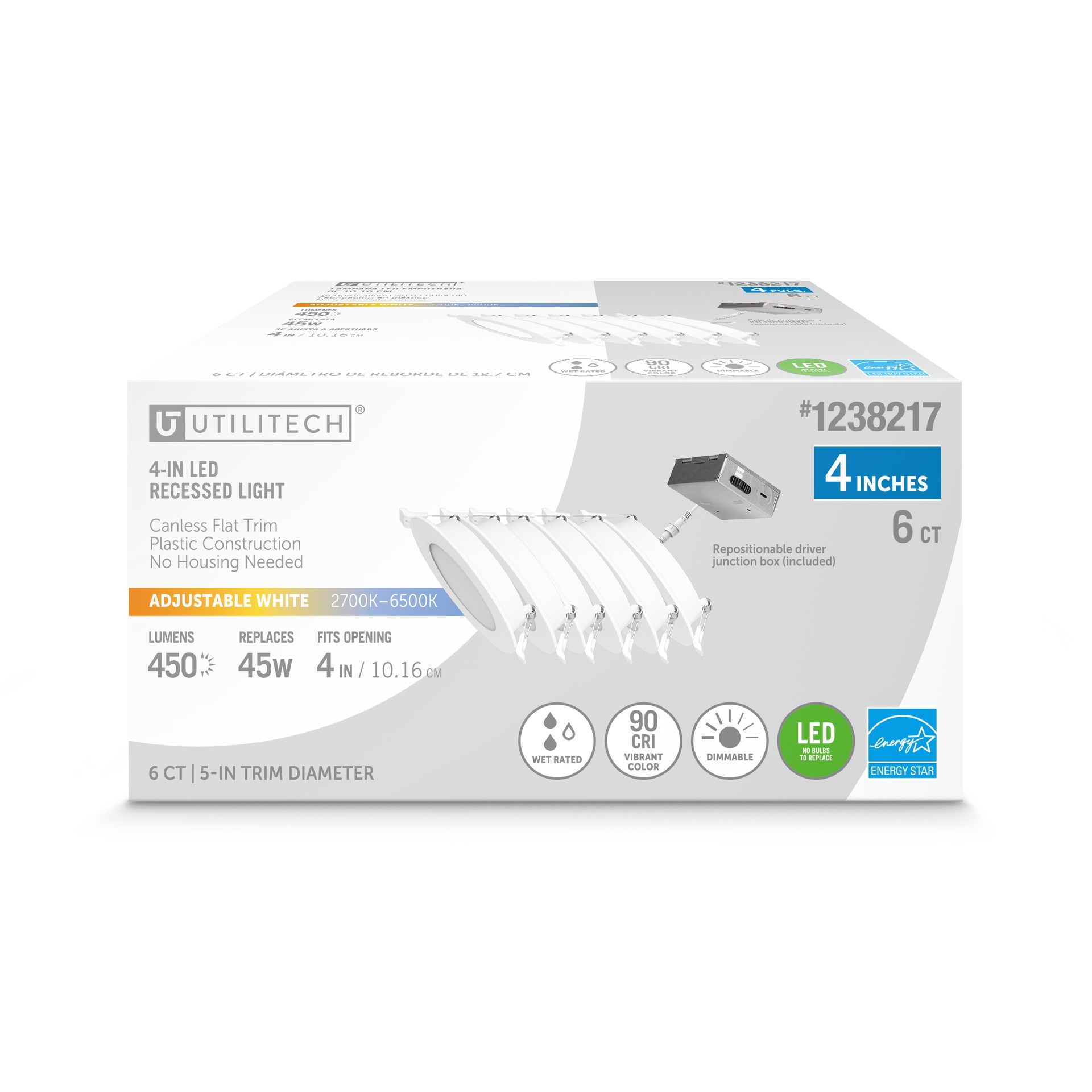 slide 1 of 6, Utilitech White 4-in 450 -Lumens Switchable white Round Dimmable LED Canless Wet rated Recessed Downlight 6 -Pack, 1 ct