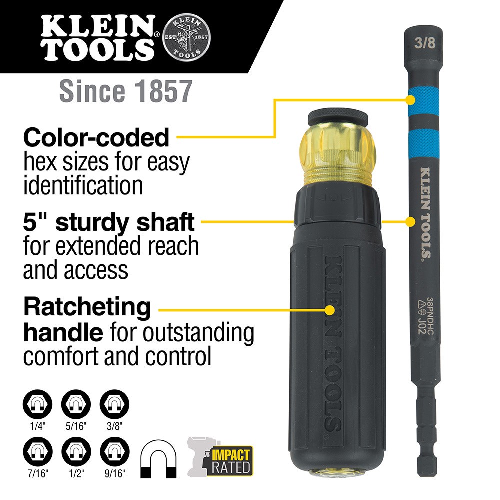 slide 2 of 6, Klein Tools Hollow Magnetic Color-Coded Ratcheting Power Nut Drivers, 6-Piece, 1 ct