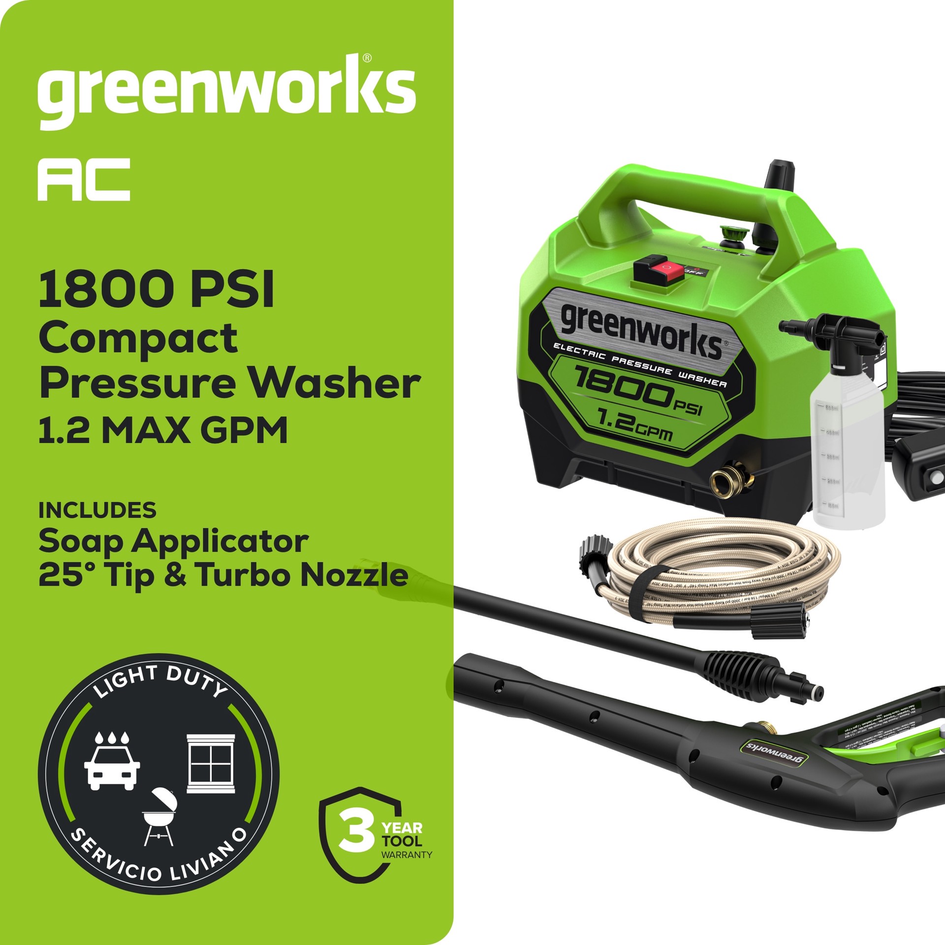 slide 3 of 6, Greenworks 1800-PSI 1.2-GPM Cold Water Electric Pressure washer with 2 Spray Tips, 1 ct
