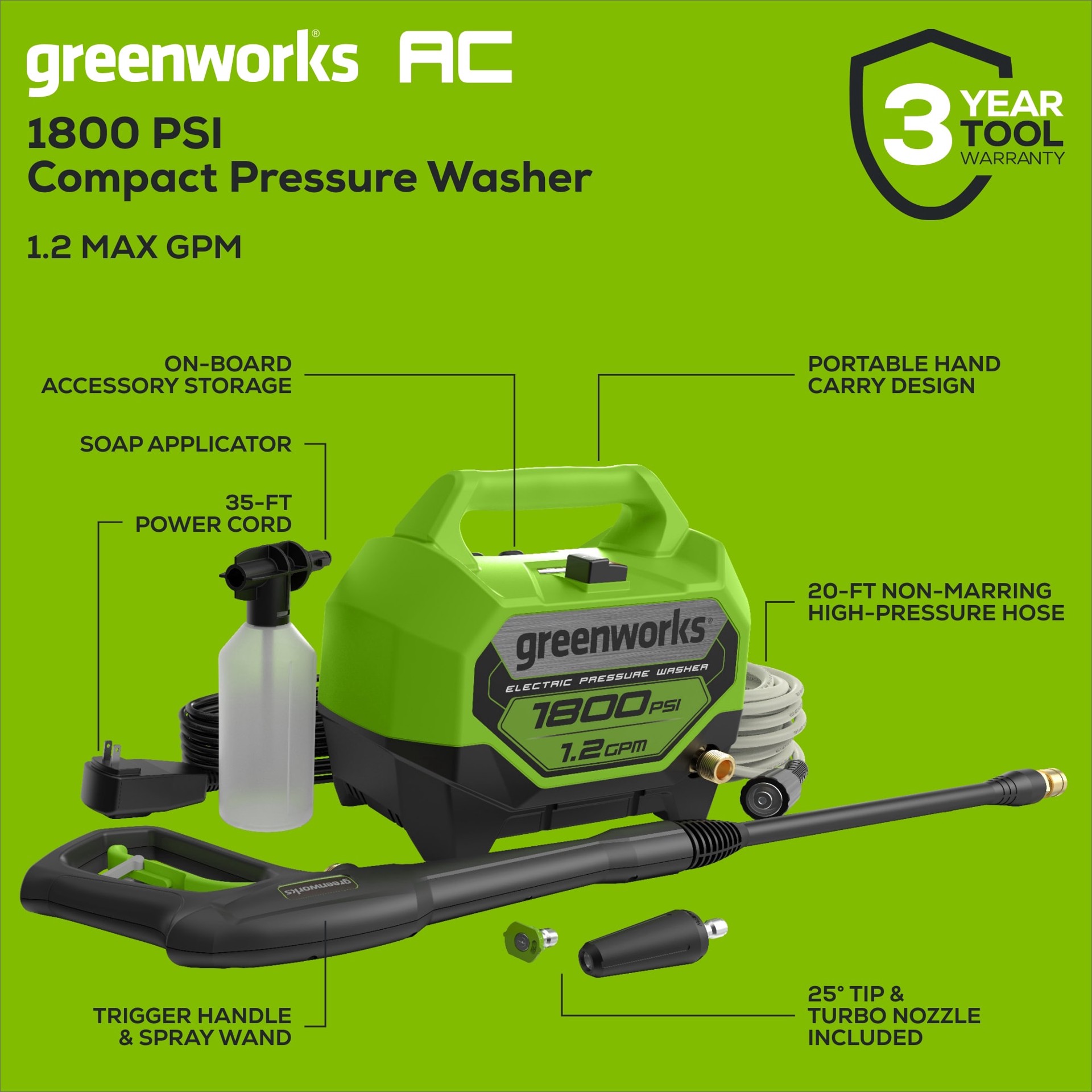 slide 4 of 6, Greenworks 1800-PSI 1.2-GPM Cold Water Electric Pressure washer with 2 Spray Tips, 1 ct