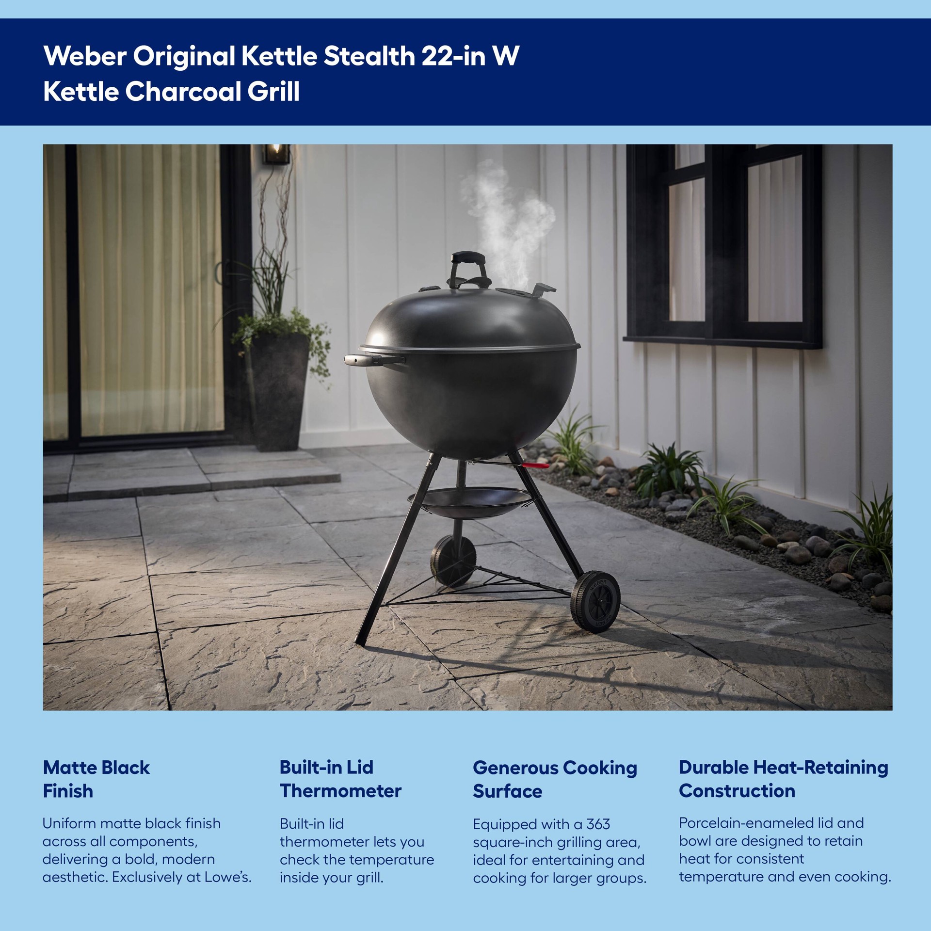 slide 2 of 6, Weber Original Kettle Stealth 22-in W Matte Black Kettle Charcoal Grill, 1 ct