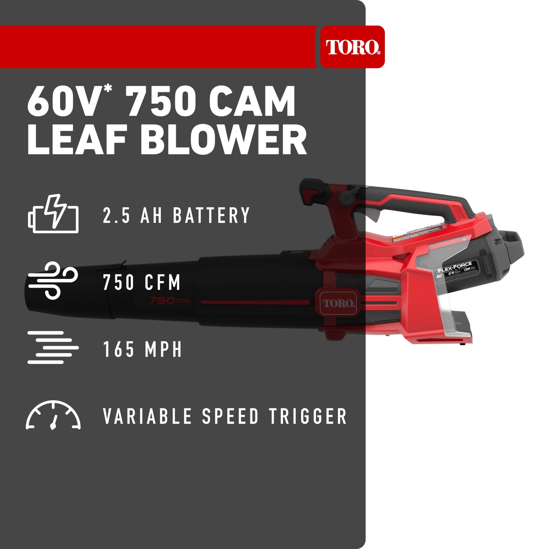 slide 2 of 6, Toro Flex-Force 60-volt 750-CFM 145-MPH Battery Handheld Leaf Blower 2.5 Ah, 1 ct