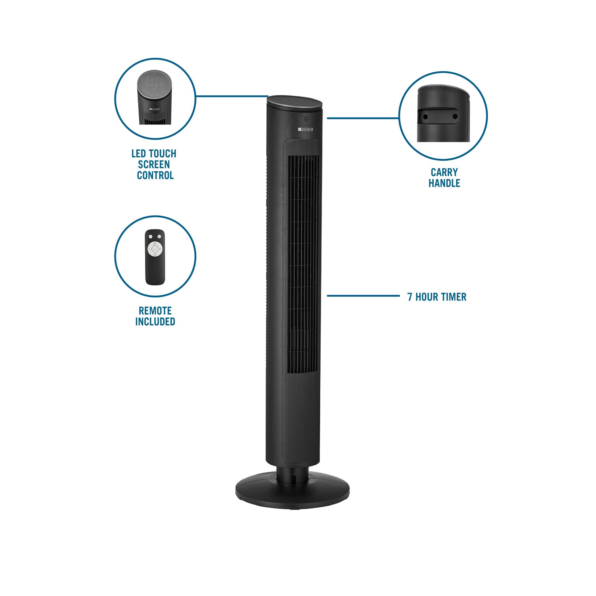 slide 3 of 6, Utilitech 42-in 120 -Volt 3 -Speed Indoor BLACK/MATTE Oscillating Tower Fan with Remote, 1 ct