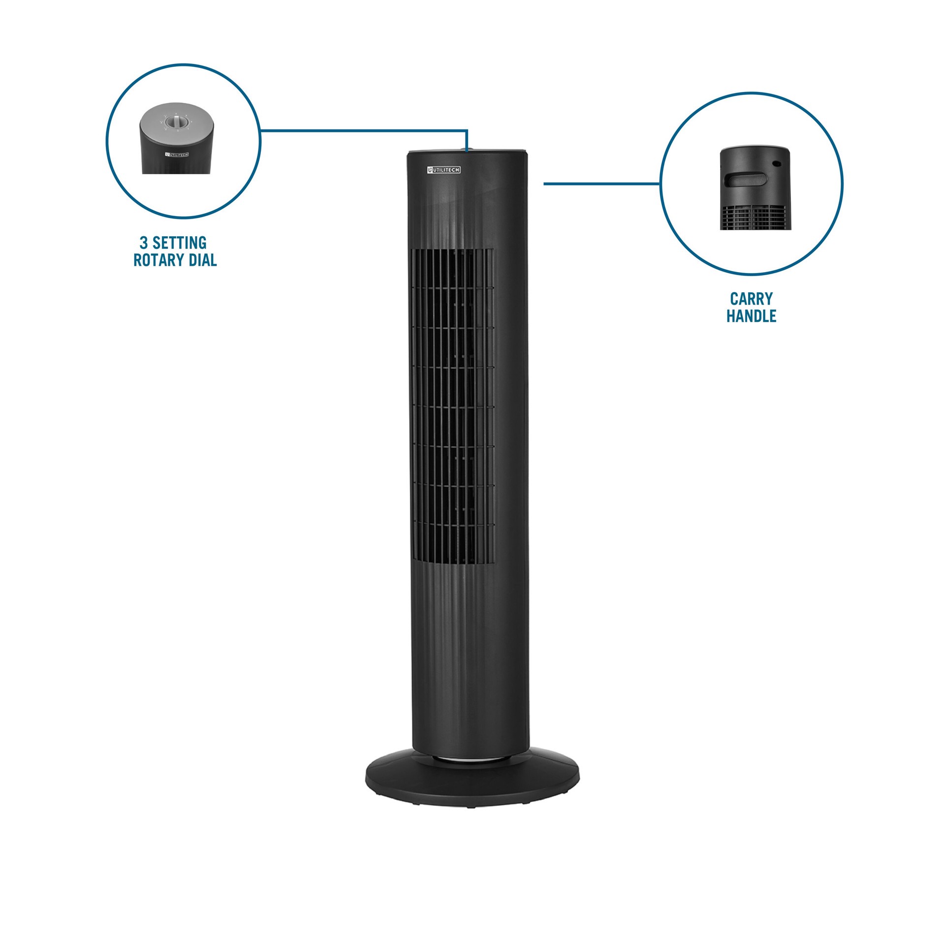 slide 3 of 6, Utilitech 28-in 120 -Volt 3 -Speed Indoor BLACK/MATTE Oscillating Tower Fan, 1 ct