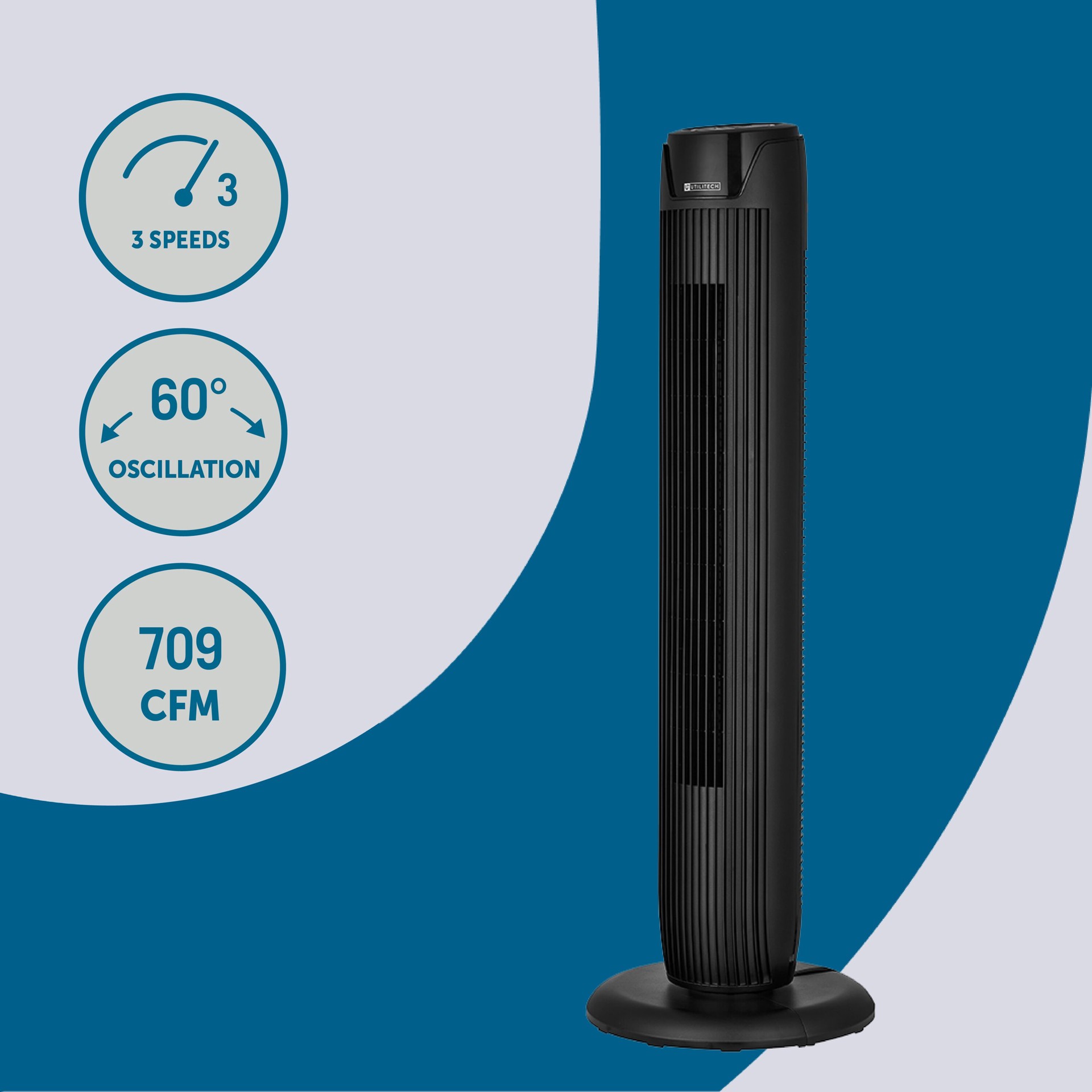slide 2 of 6, Utilitech 36-in 120 -Volt 3 -Speed Indoor BLACK/MATTE Oscillating Tower Fan with Remote, 1 ct