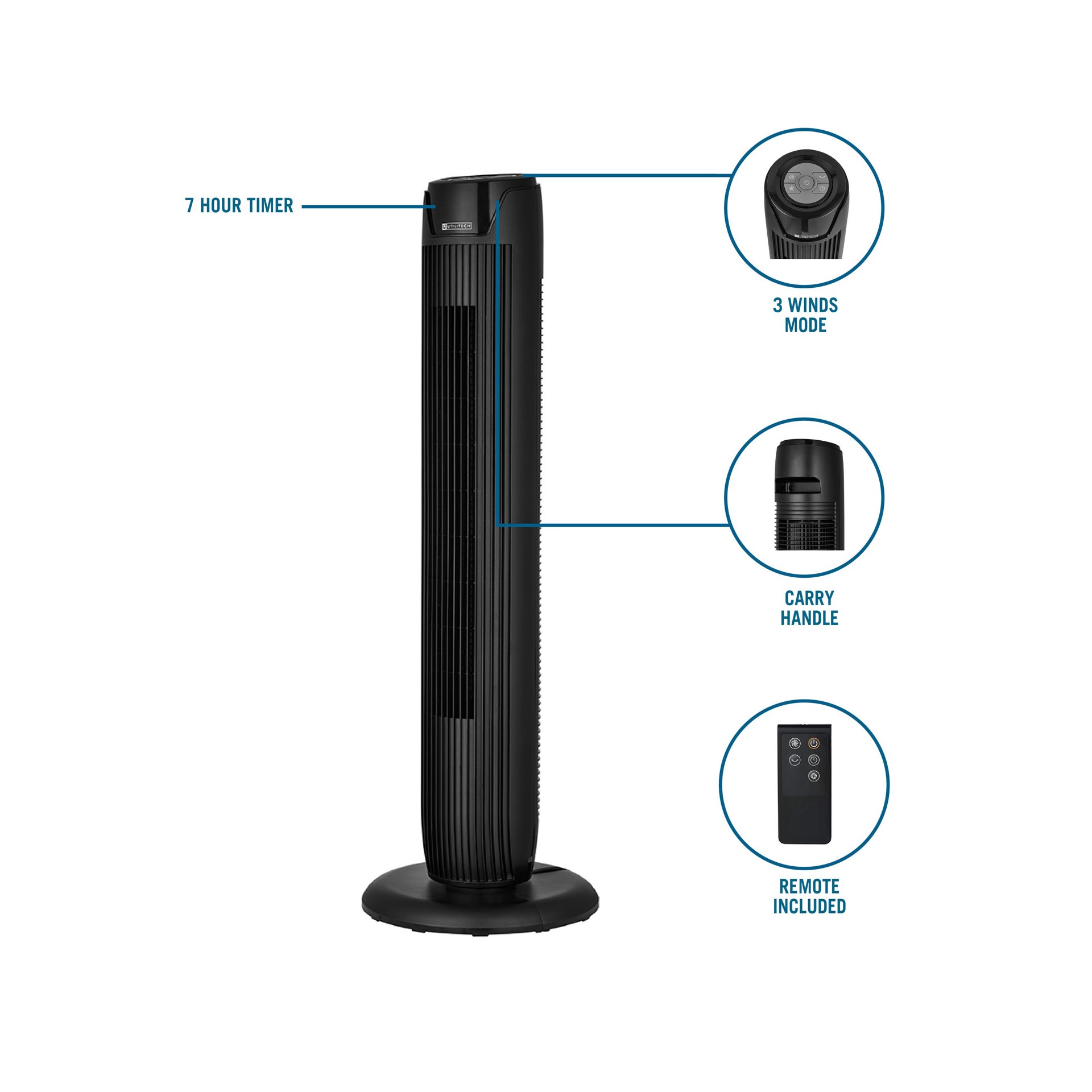 slide 3 of 6, Utilitech 36-in 120 -Volt 3 -Speed Indoor BLACK/MATTE Oscillating Tower Fan with Remote, 1 ct