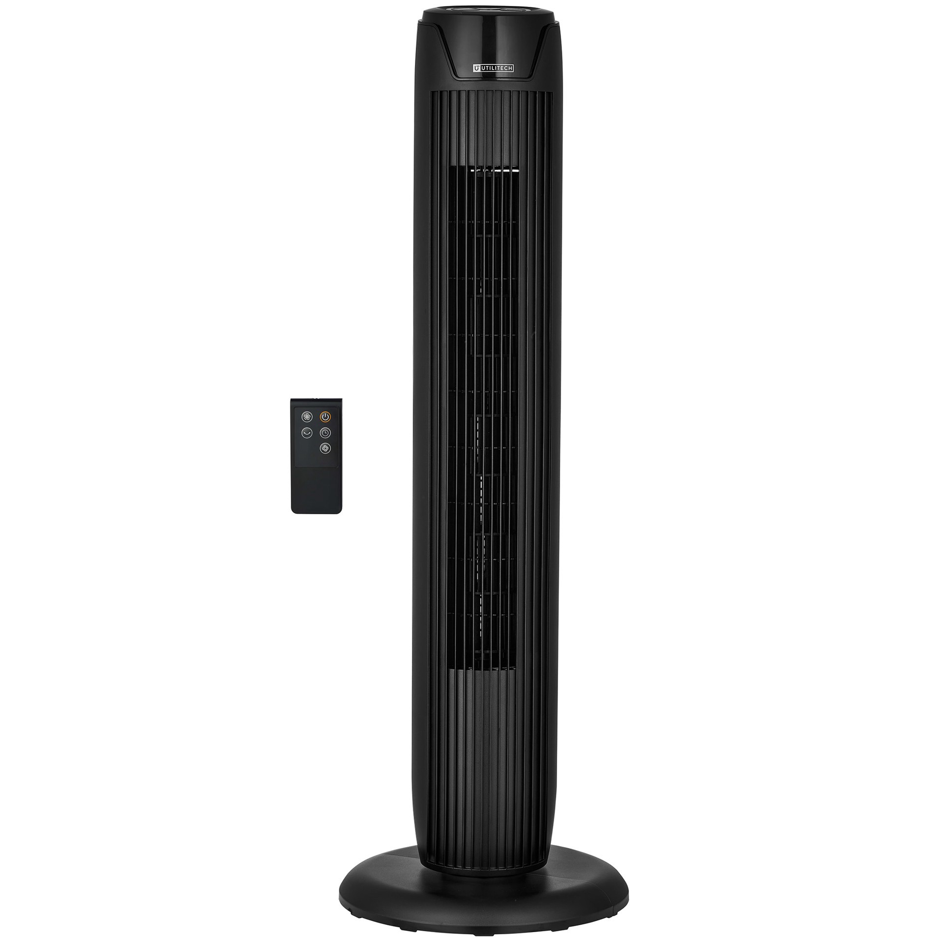 slide 1 of 6, Utilitech 36-in 120 -Volt 3 -Speed Indoor BLACK/MATTE Oscillating Tower Fan with Remote, 1 ct