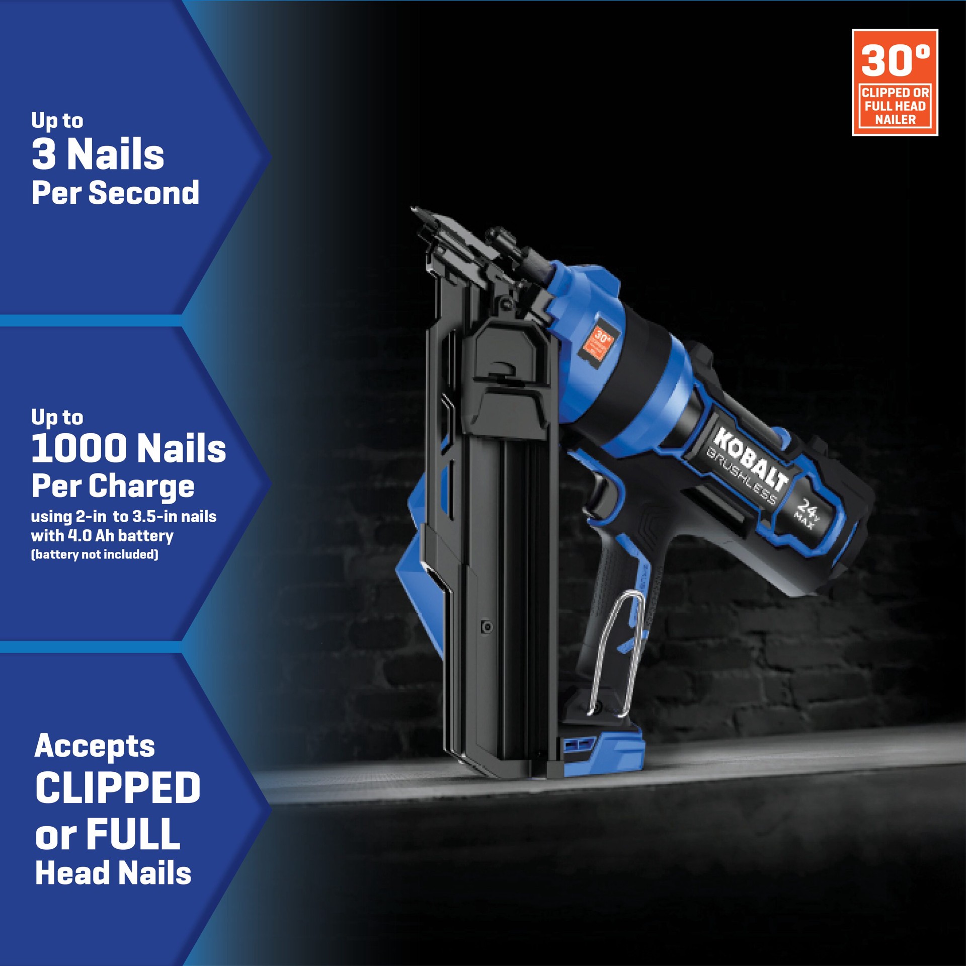 slide 2 of 6, Kobalt XTR 3-1/2-in 30 -Degree Cordless Clip head/Roundhead Framing Nailer (Battery Not Included and Charger Not Included), 1 ct