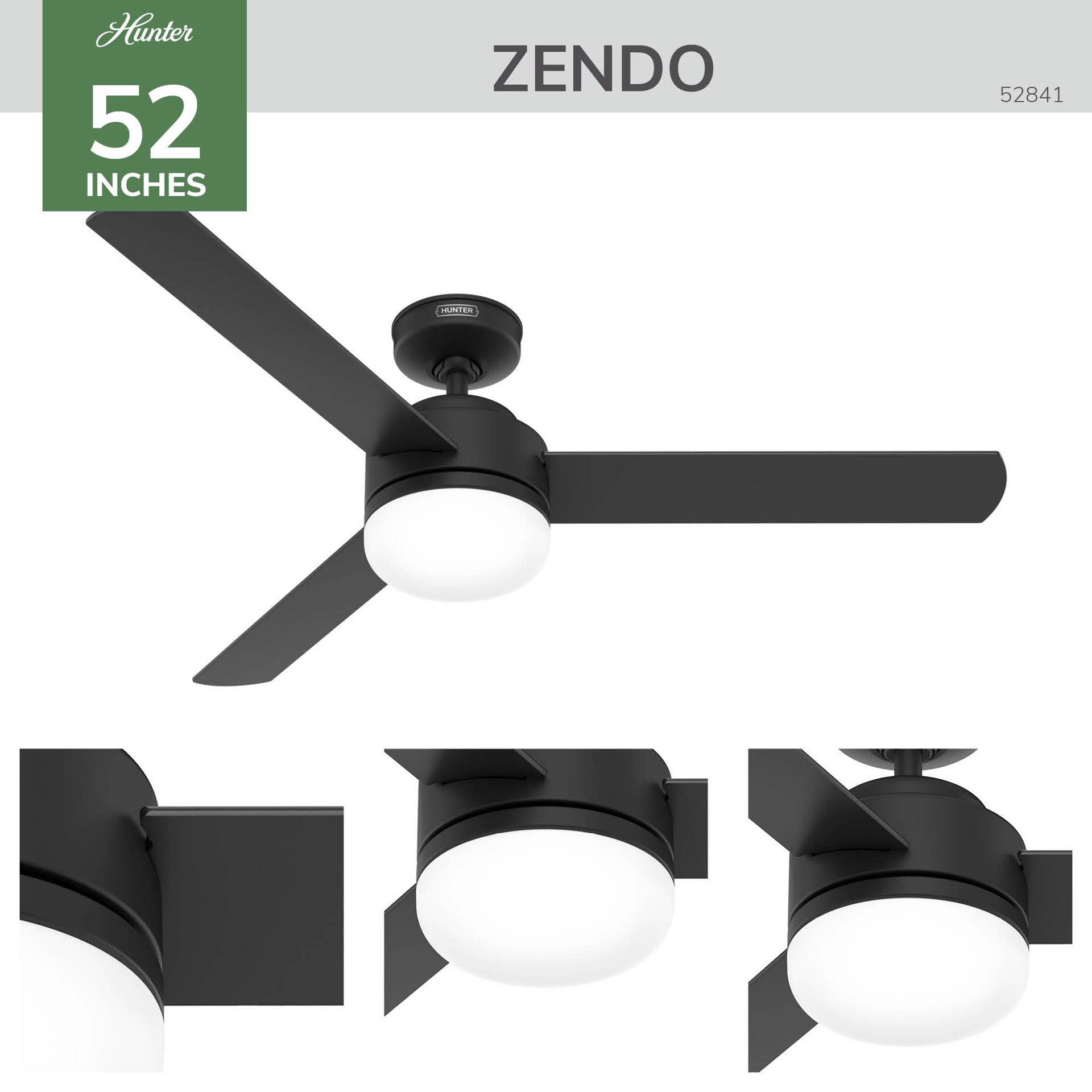 slide 4 of 6, Hunter Zendo 52-in Matte Black with Matte Black Blades Propeller Ceiling Fan With Light and Remote Included 3 -Blade, 1 ct