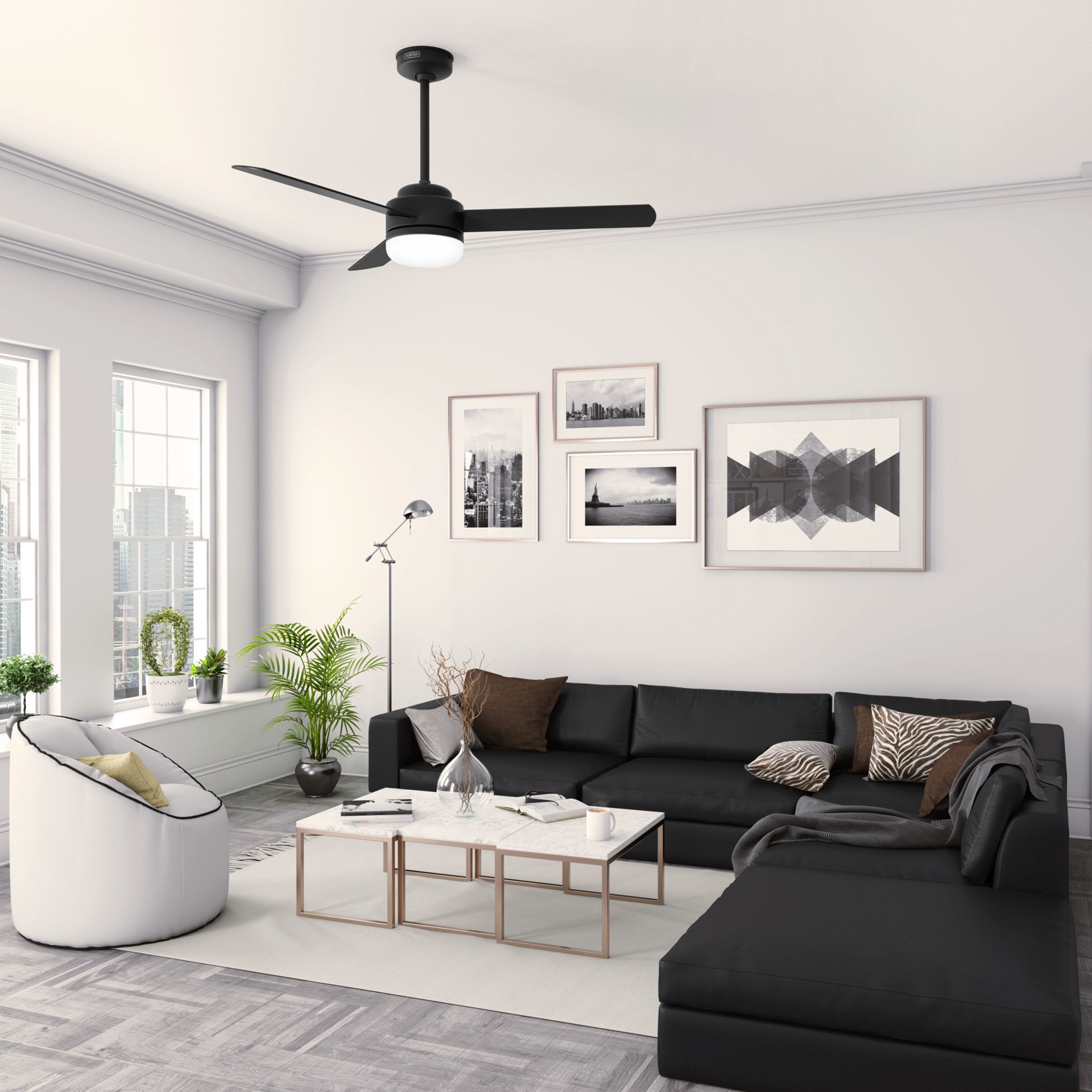 slide 5 of 6, Hunter Zendo 52-in Matte Black with Matte Black Blades Propeller Ceiling Fan With Light and Remote Included 3 -Blade, 1 ct