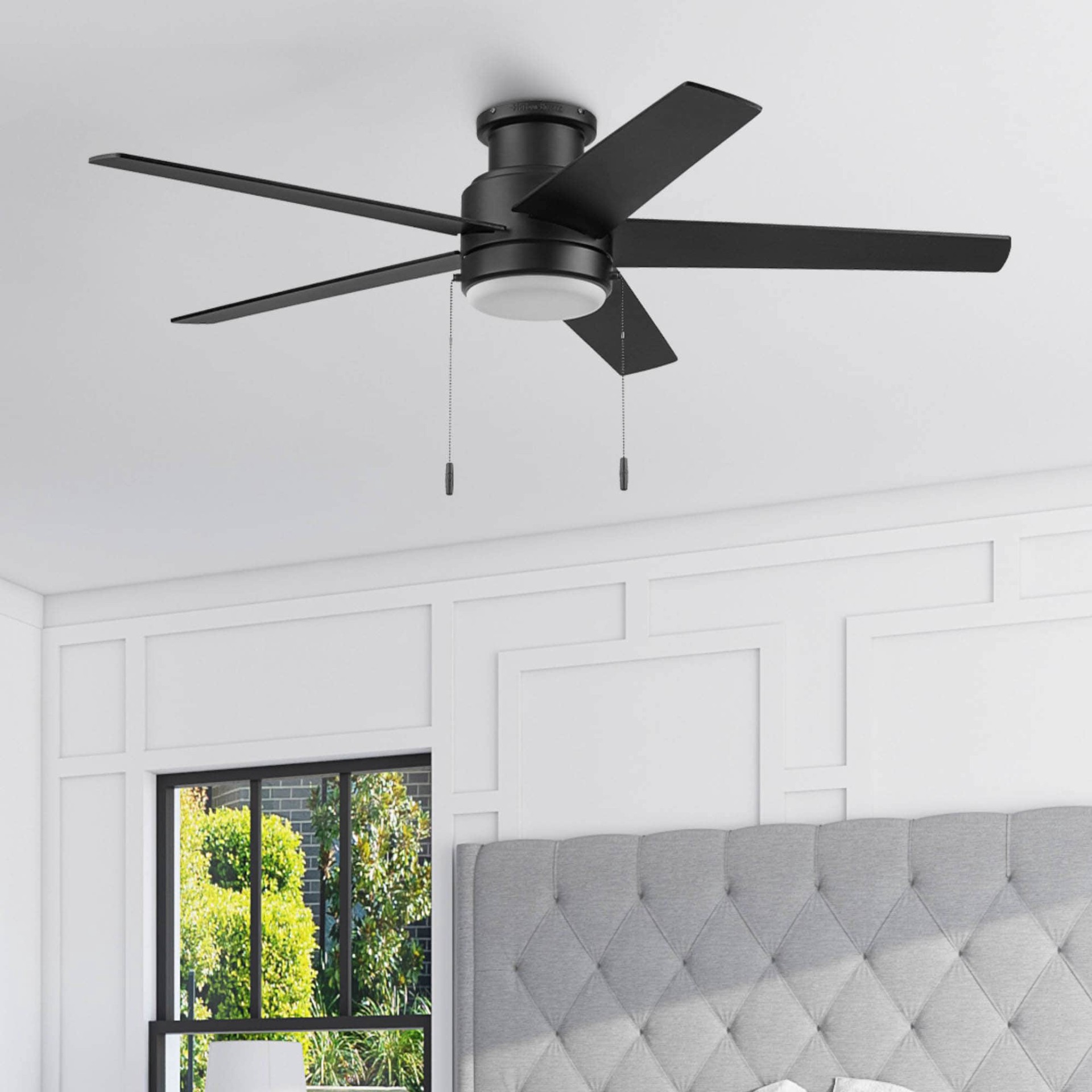 slide 1 of 6, Harbor Breeze Fairbanks Easy2Hang 52-in Matte Black with Black/Sable Blades Adjustable White LED Covered Outdoor Flush Mount Ceiling Fan With Light and Pull Chain Included 5 -Blade, 1 ct