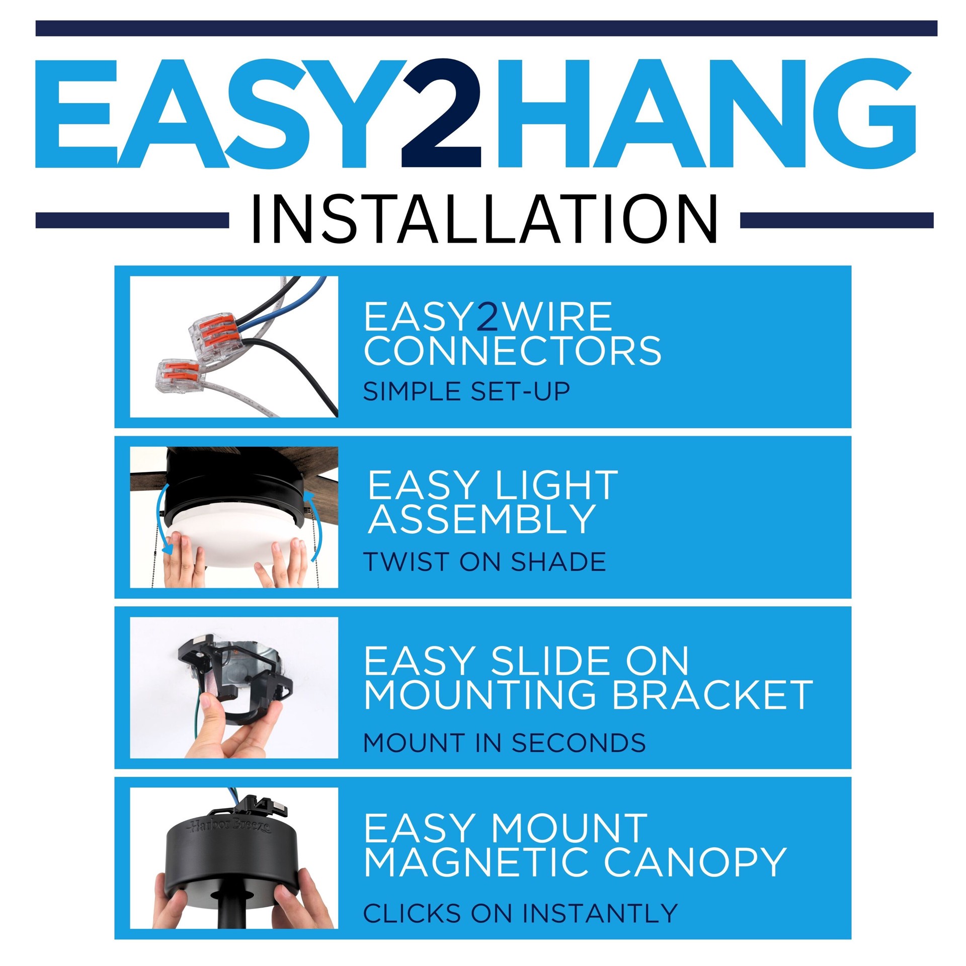 slide 5 of 6, Harbor Breeze Sunport Easy2Hang 52-in Matte Black with Matte Blades Color-Changing Integrated LED Covered Outdoor Ceiling Fan With Light 5 -Blade, 1 ct