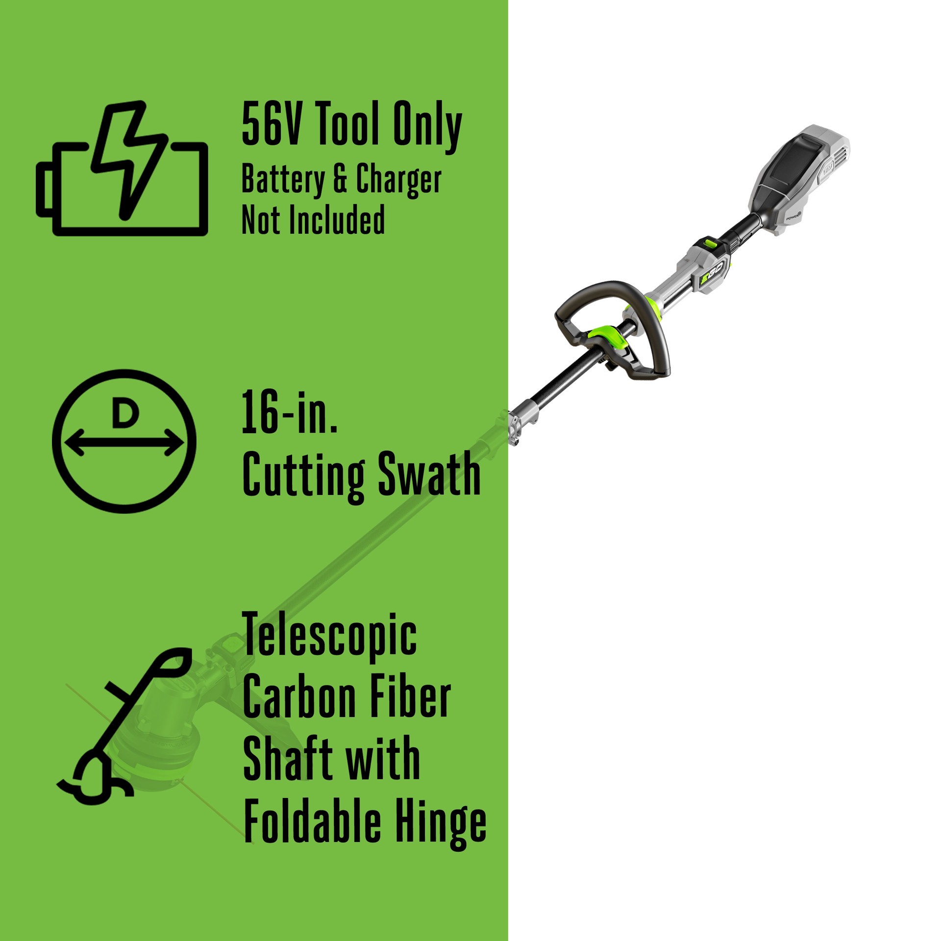 slide 2 of 6, EGO POWER+ POWERLOAD with Carbon Fiber Shaft 56-volt 16-in Telescopic Shaft Battery String Trimmer, 1 ct