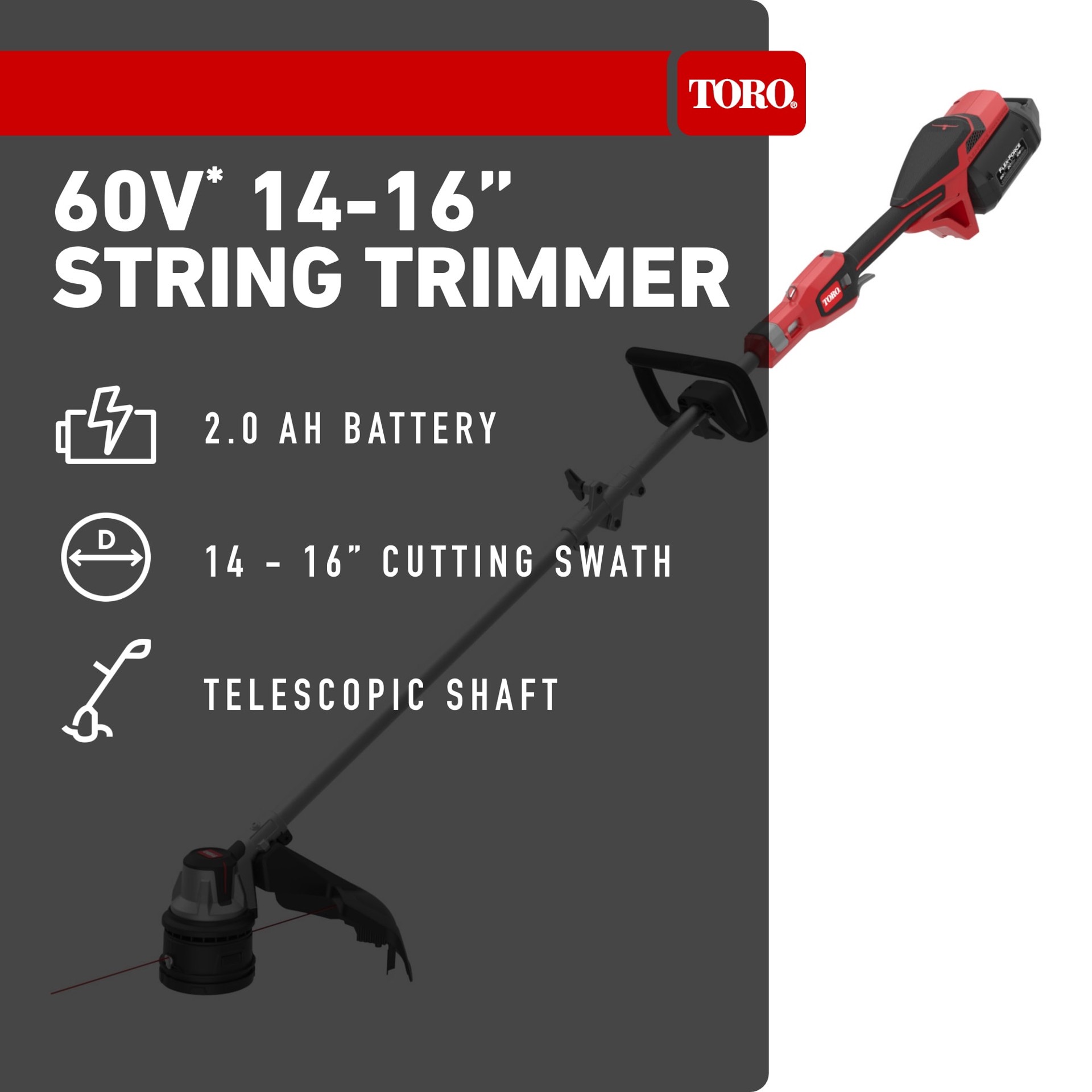slide 2 of 6, Toro Flex-Force 60-volt max 16-in Telescopic Shaft Battery String Trimmer 2 Ah (Battery Included) (Charger Included), 1 ct